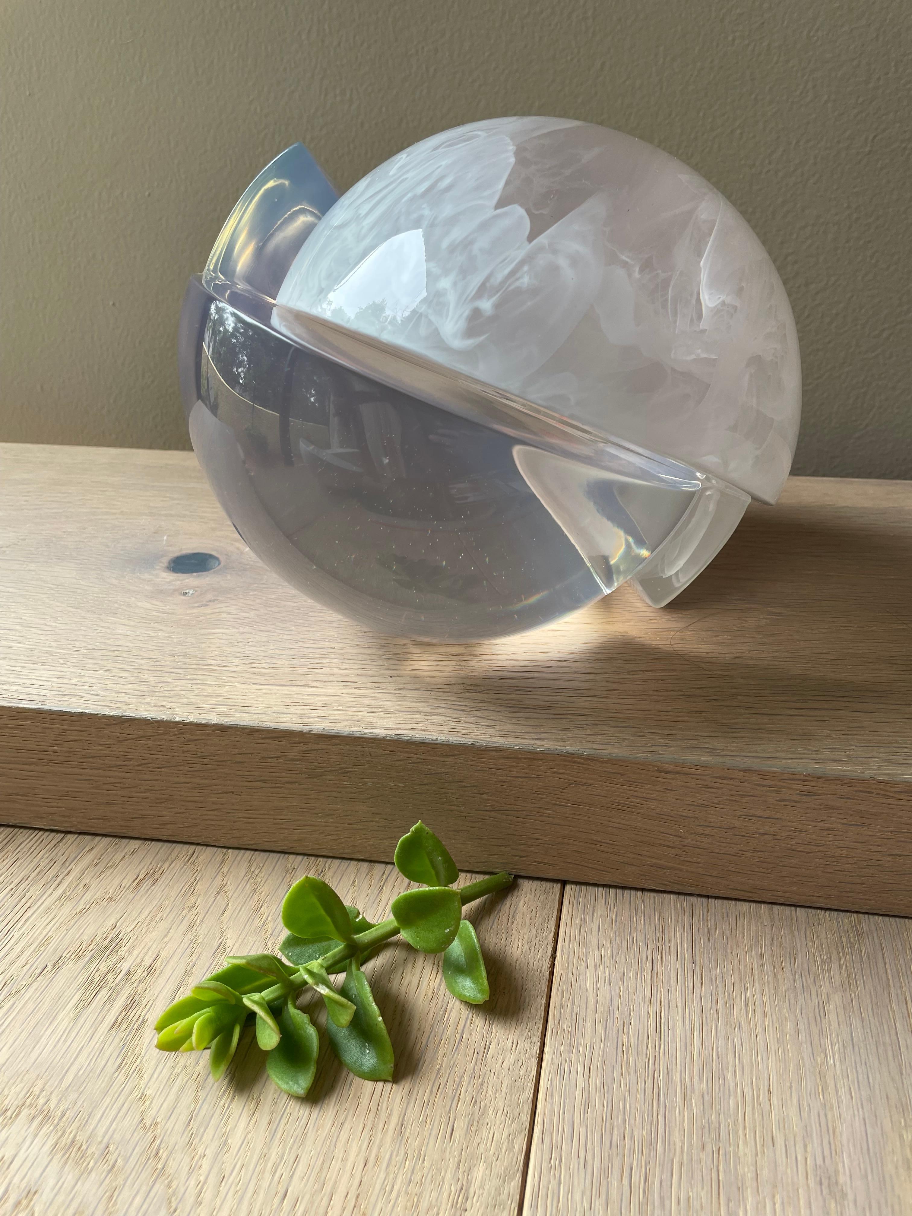 Cast White and Clear Marbled Semi Sphere Sculpture in Polished Resin by Paola Valle For Sale