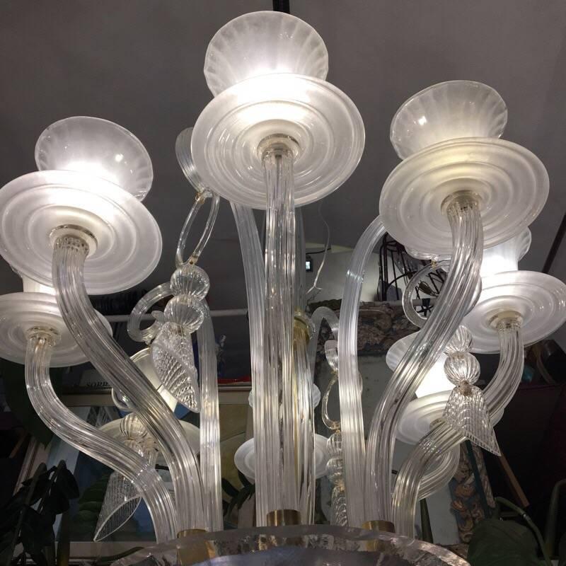 White and Clear Murano Glass Chandelier Eight Arms, 1950s 4