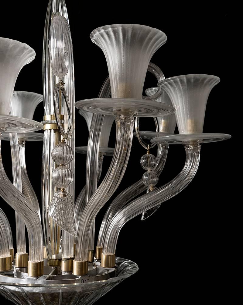 White and clear Murano glass chandelier eight arms.