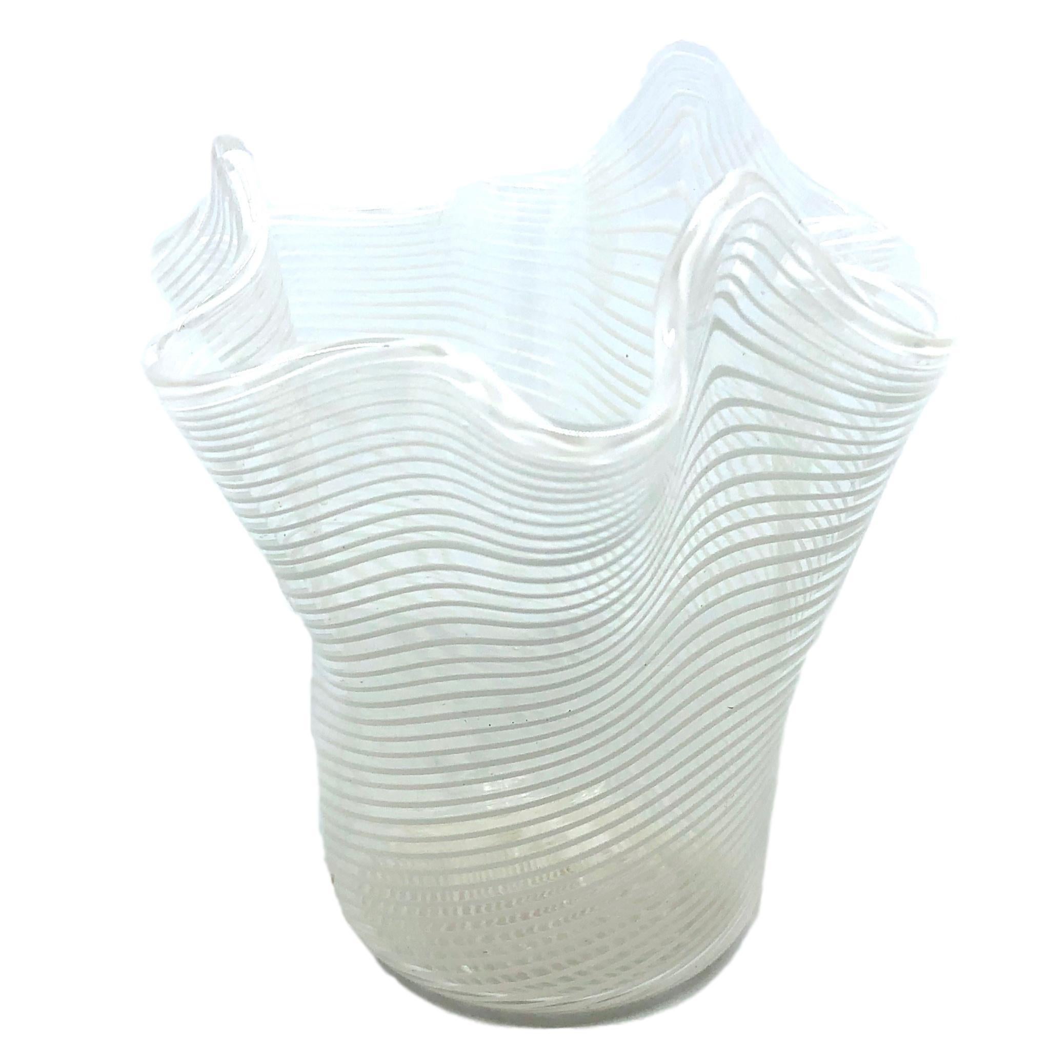 Beautiful Murano hand blown white and clear Italian art glass handkerchief / Fazzoletto vase. Created by the Fratelli Toso company. Measures 3 3/4