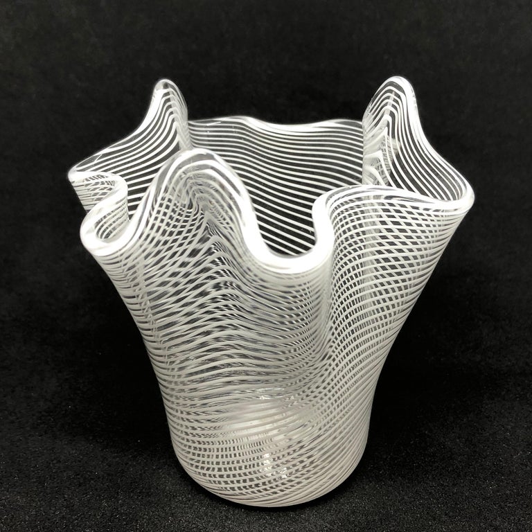 White and Clear Swirl Glass Miniature Murano Glass Vase by