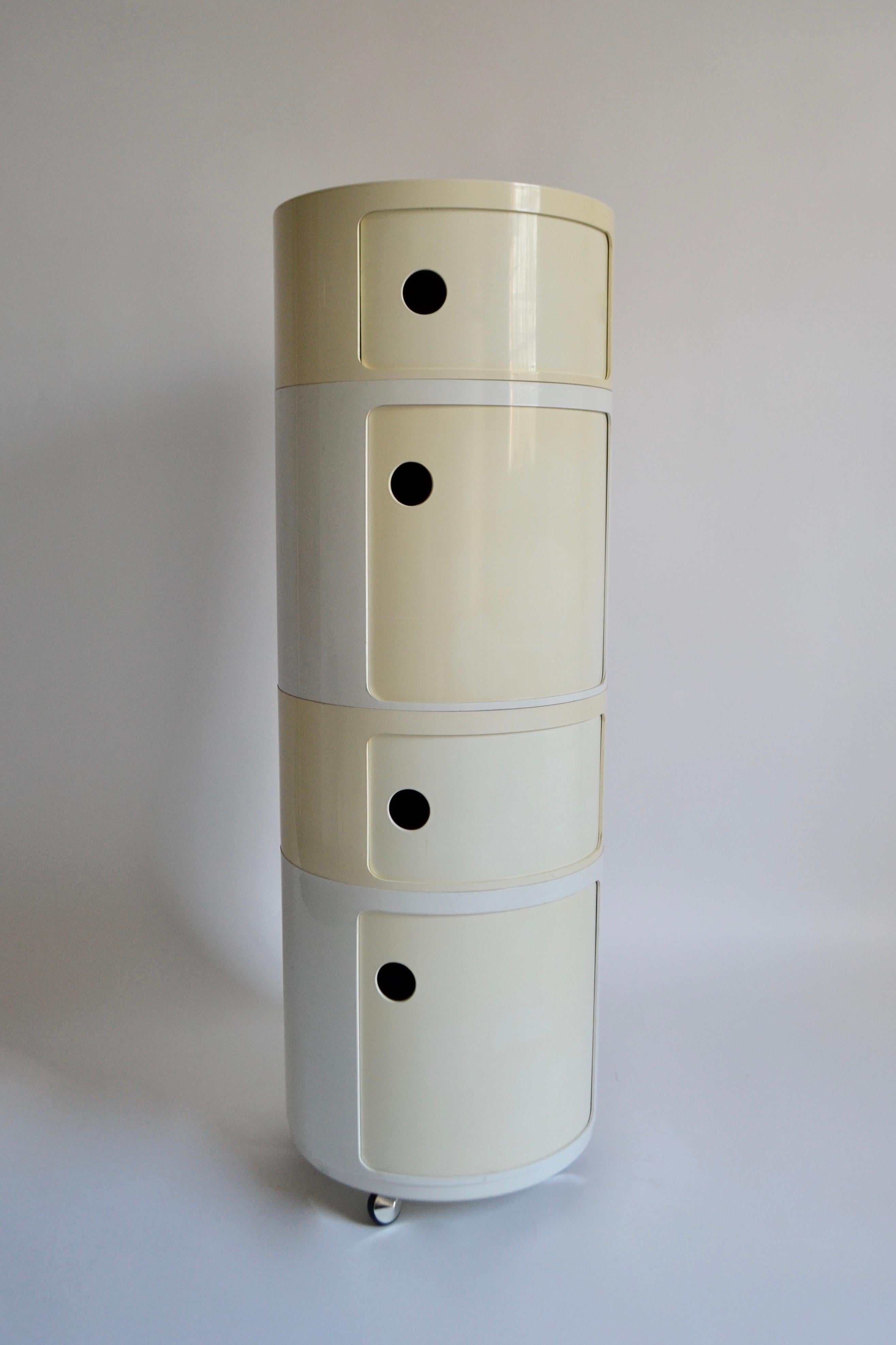 Four section vintage Componibili storage unit designed by Anna Castelli Ferrieri for luxury Italian plastic furniture brand Kartell. Though Kartell still operates today, this particular piece is an original example and was manufactured in the late