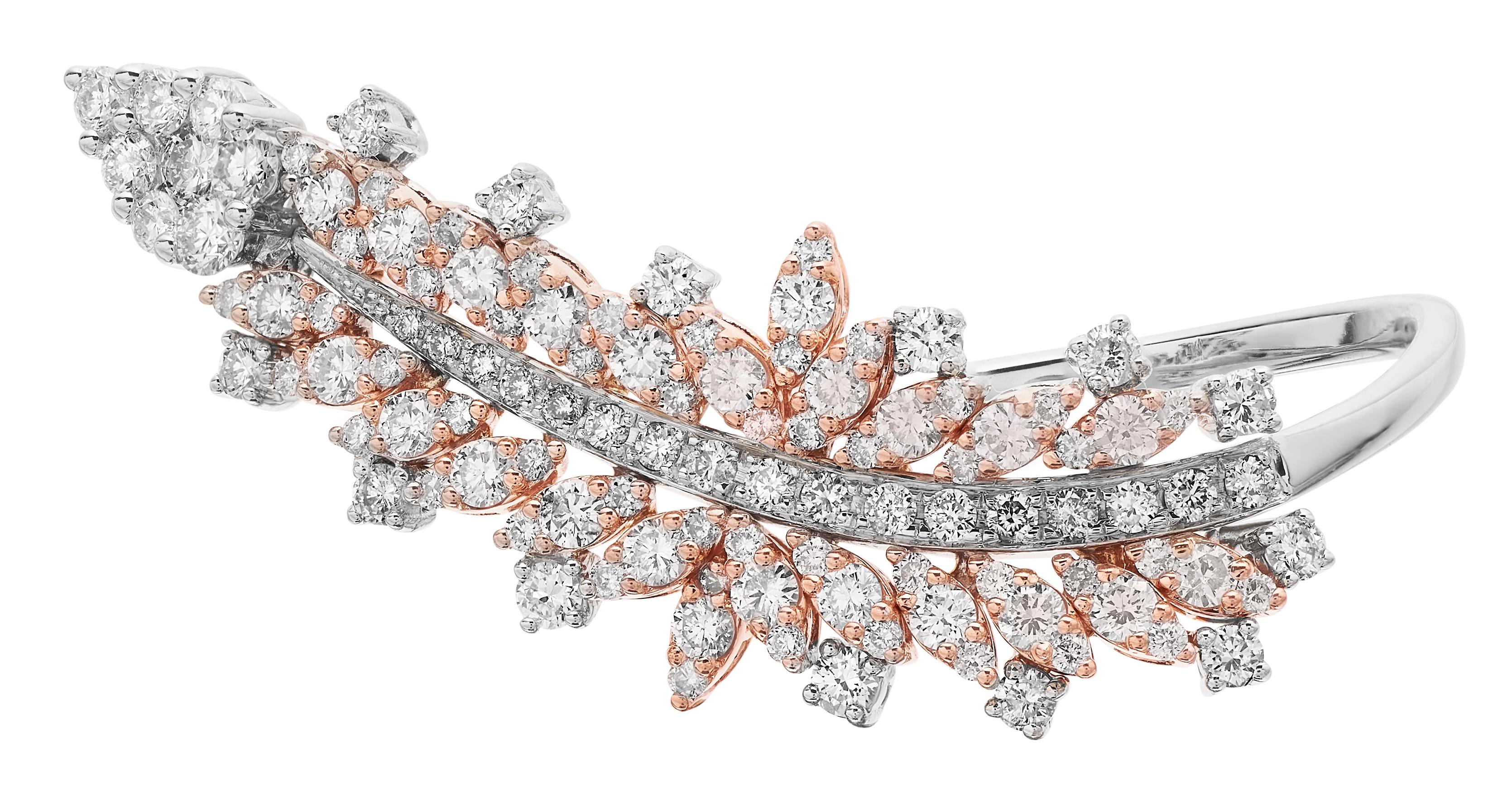 Intricate, modern, statement diamond ring by Yessayan. Set with 18 ct white and rose gold.

White diamonds, assessed colour G/H, assessed clarity VS.

Natural Pink Diamonds, assessed colour fancy light pink, assessed clarity VS.

Approximate total
