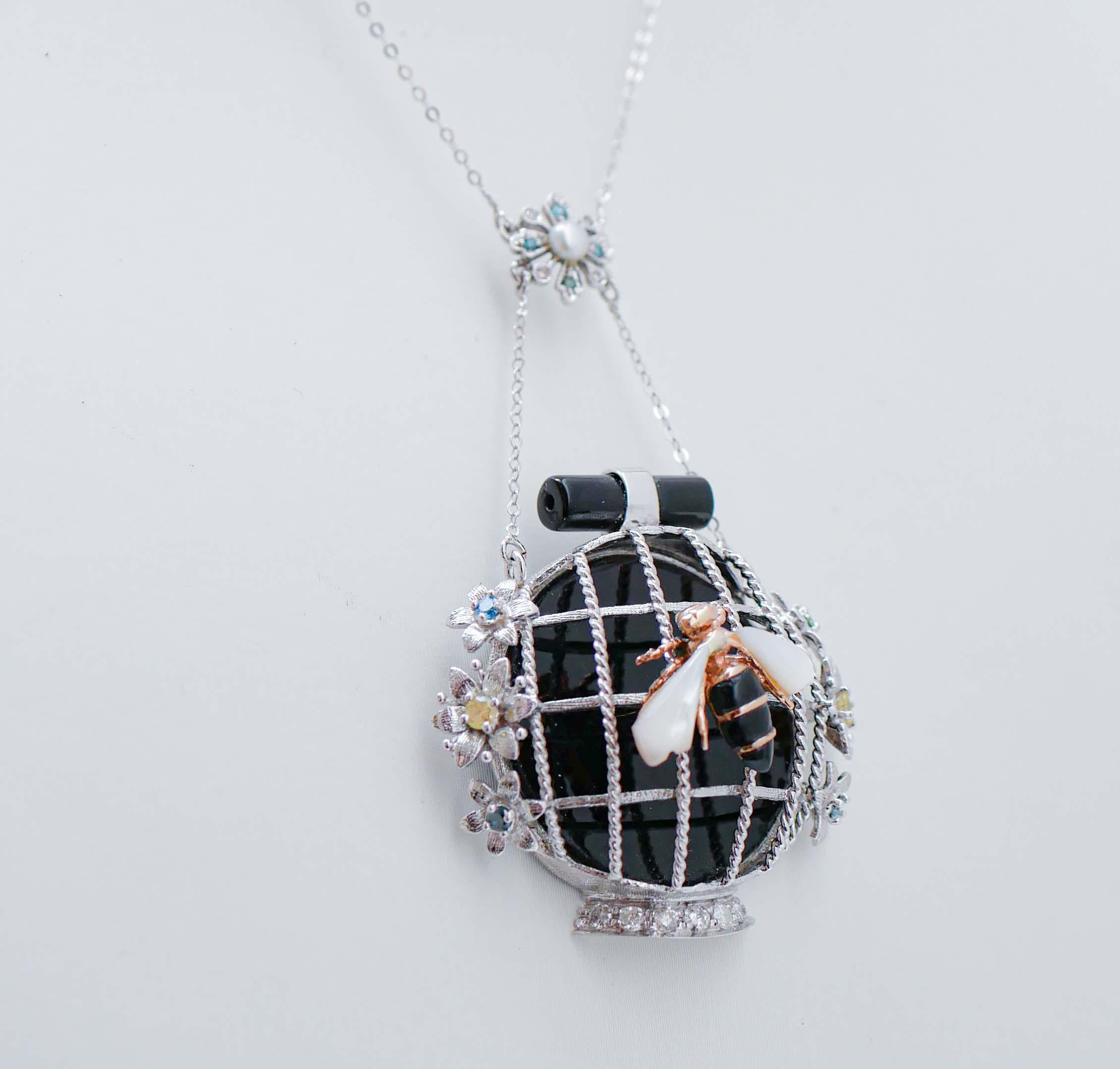 Retro White and Fancy Diamonds, Onyx, White Stones, 14 Kt  Gold Pendant Necklace. For Sale