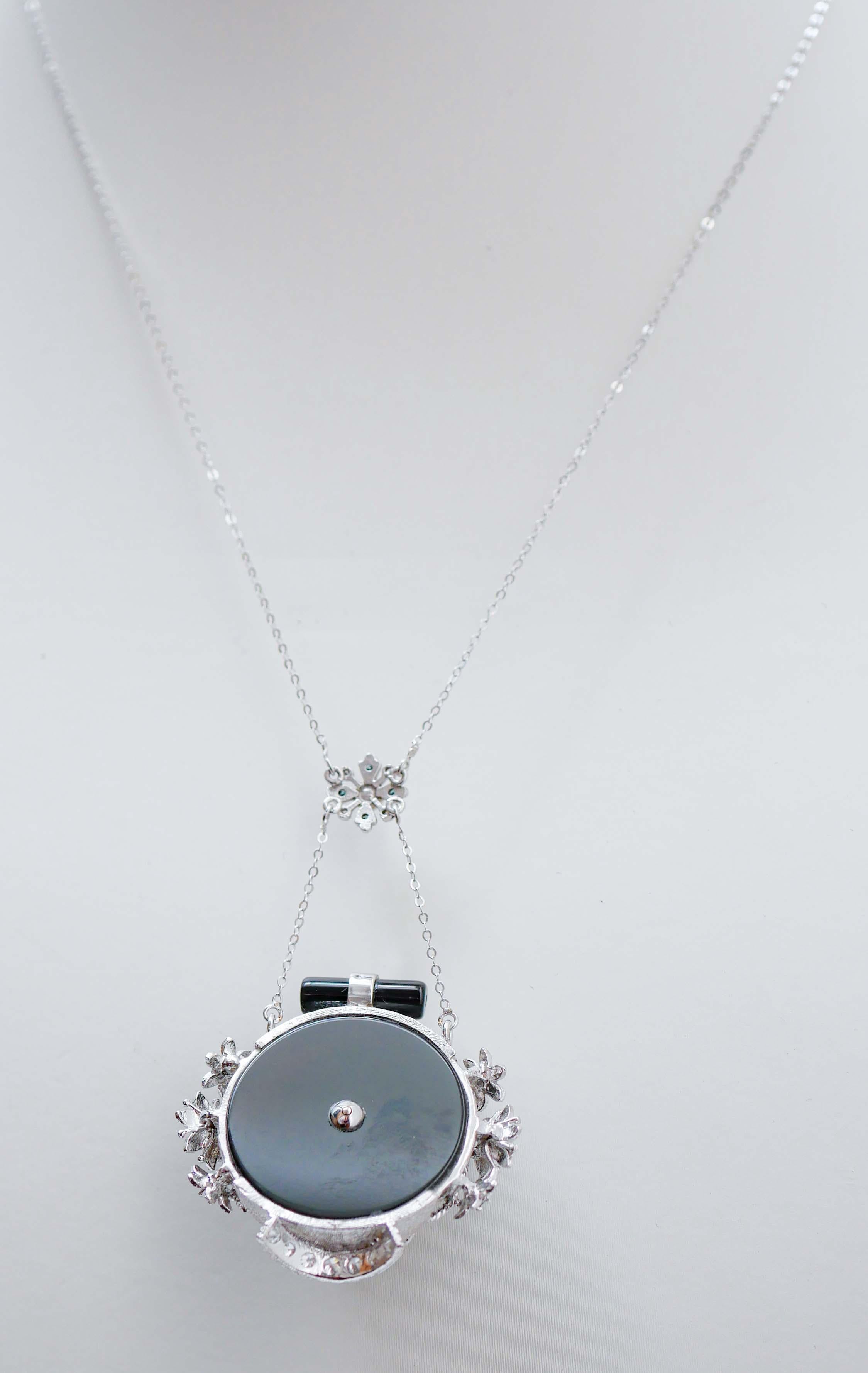 Mixed Cut White and Fancy Diamonds, Onyx, White Stones, 14 Kt  Gold Pendant Necklace. For Sale
