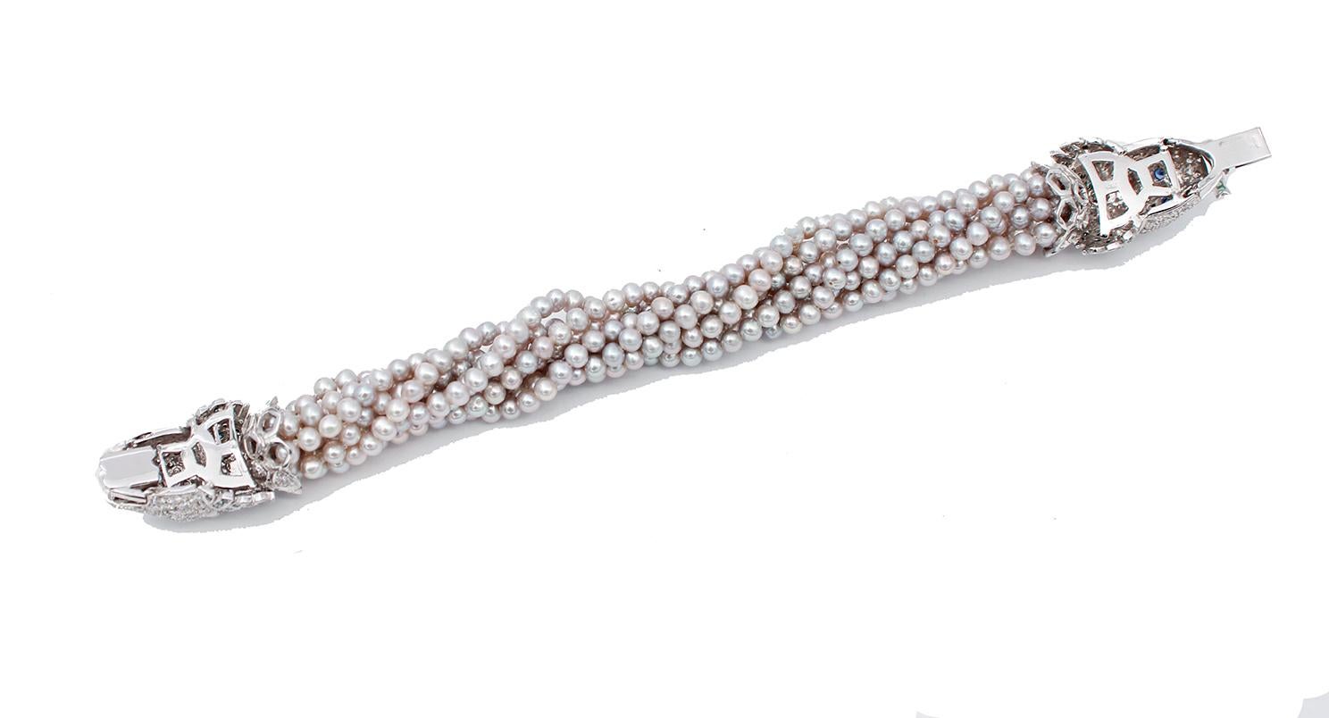 Retro White and Fancy Diamonds, Emeralds, Sapphires, Pearls, 14Karat White Gold Bracelet