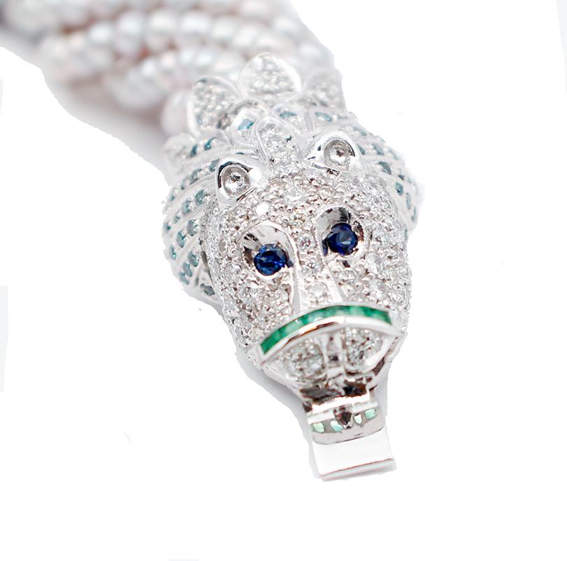 Diamanti bianchi e fantasia, smeraldi, zaffiri, perle, bracciale in oro bianco 14 carati In condizioni buone a Marcianise, Marcianise (CE)