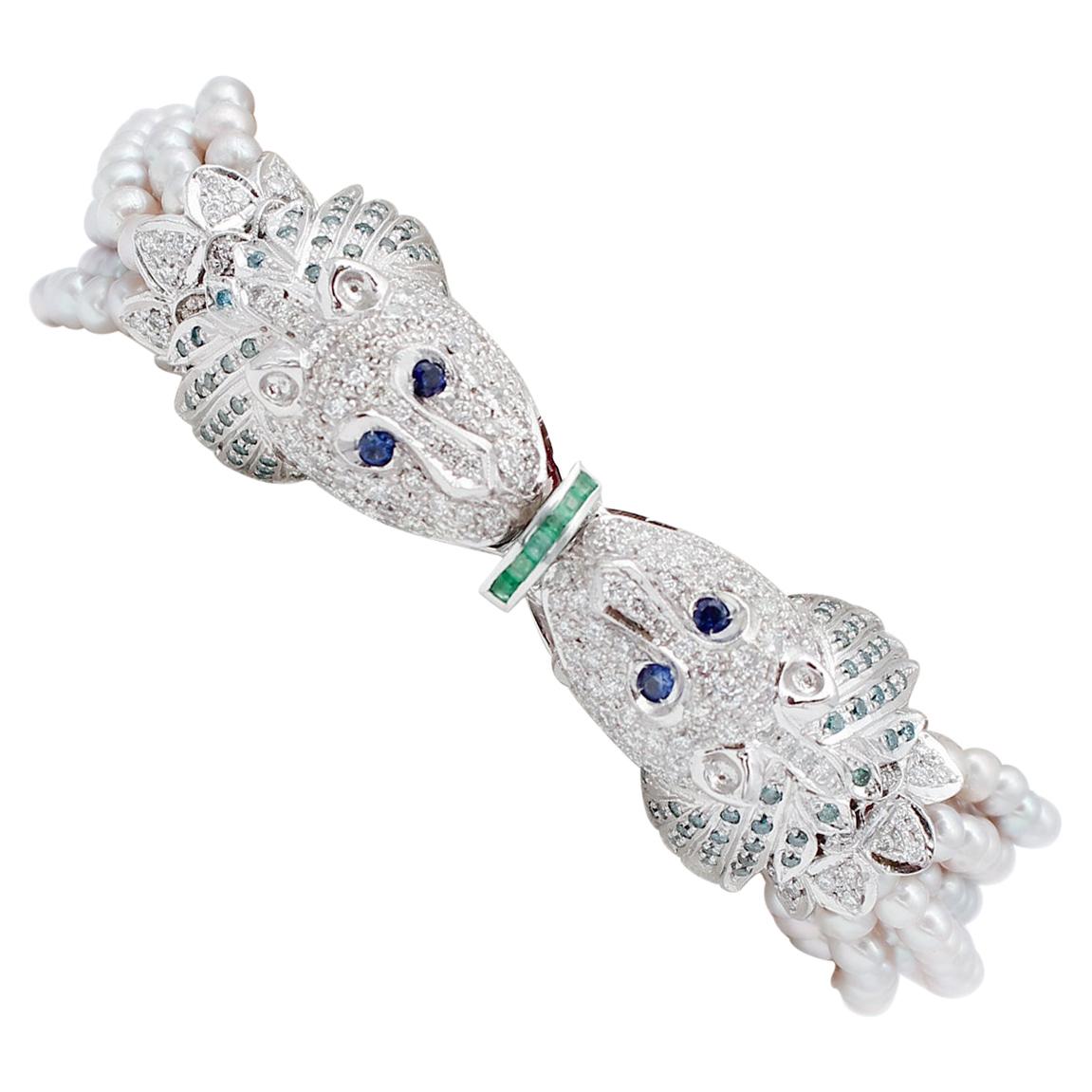 White and Fancy Diamonds, Emeralds, Sapphires, Pearls, 14Karat White Gold Bracelet