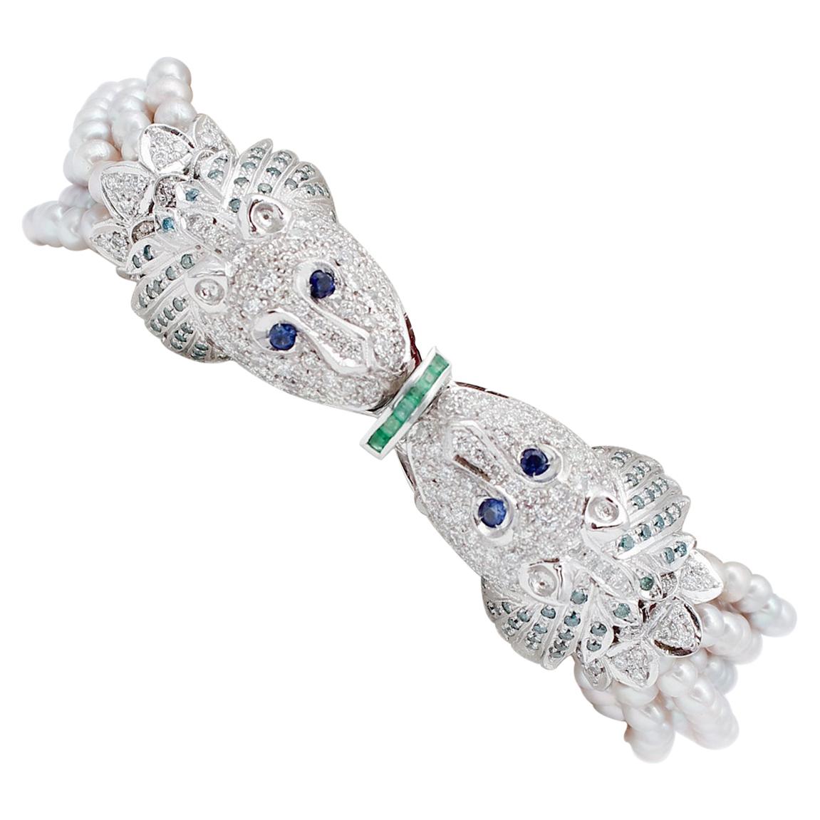 Diamanti bianchi e fantasia, smeraldi, zaffiri, perle, bracciale in oro bianco 14 carati