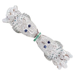Vintage White and Fancy Diamonds, Emeralds, Sapphires, Pearls, 14Karat White Gold Bracelet