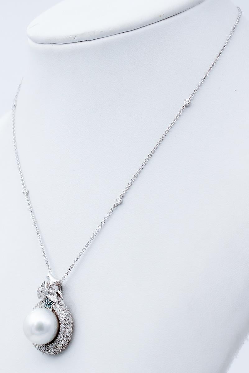 Retro White and Fancy Diamonds, South-Sea Pearl, 18 Karat White Gold Pendant Necklace