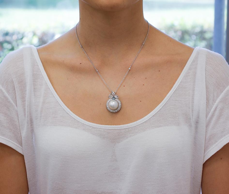 Women's White and Fancy Diamonds, South-Sea Pearl, 18 Karat White Gold Pendant Necklace