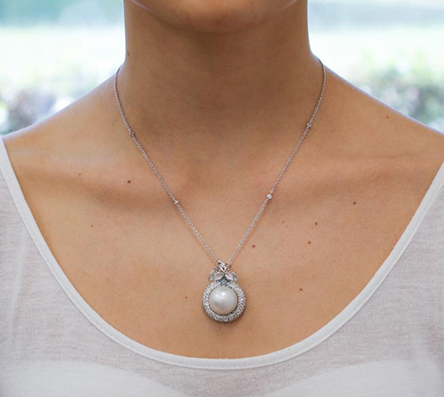White and Fancy Diamonds, South-Sea Pearl, 18 Karat White Gold Pendant Necklace 1