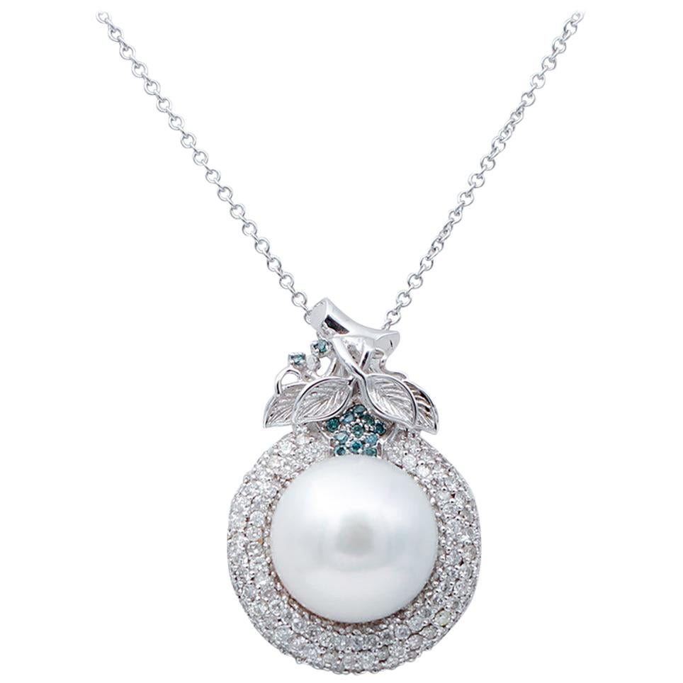 White and Fancy Diamonds, South-Sea Pearl, 18 Karat White Gold Pendant Necklace