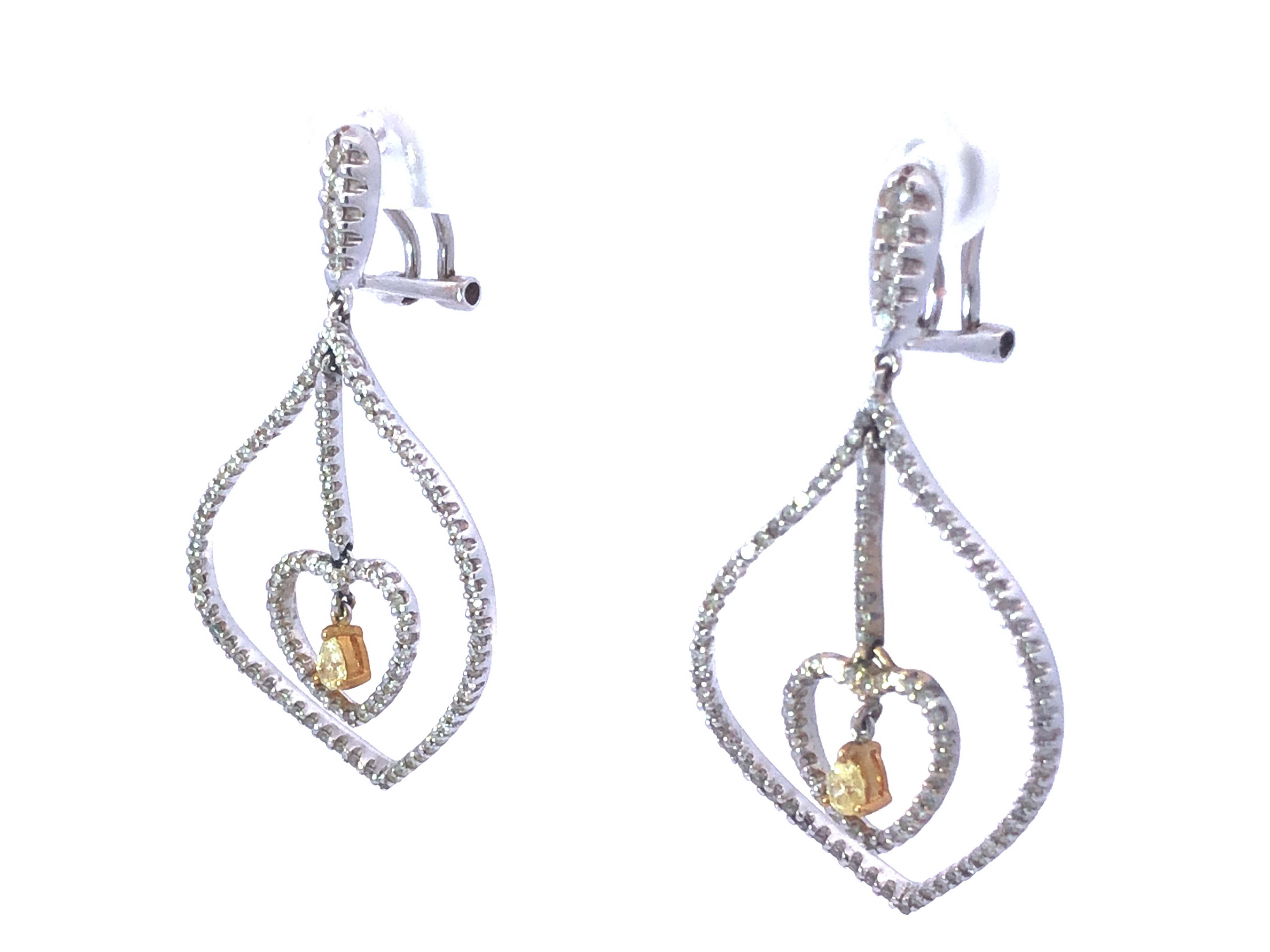 Modern White and Fancy Yellow Dangly Diamond Heart Earrings in 18K White Gold For Sale