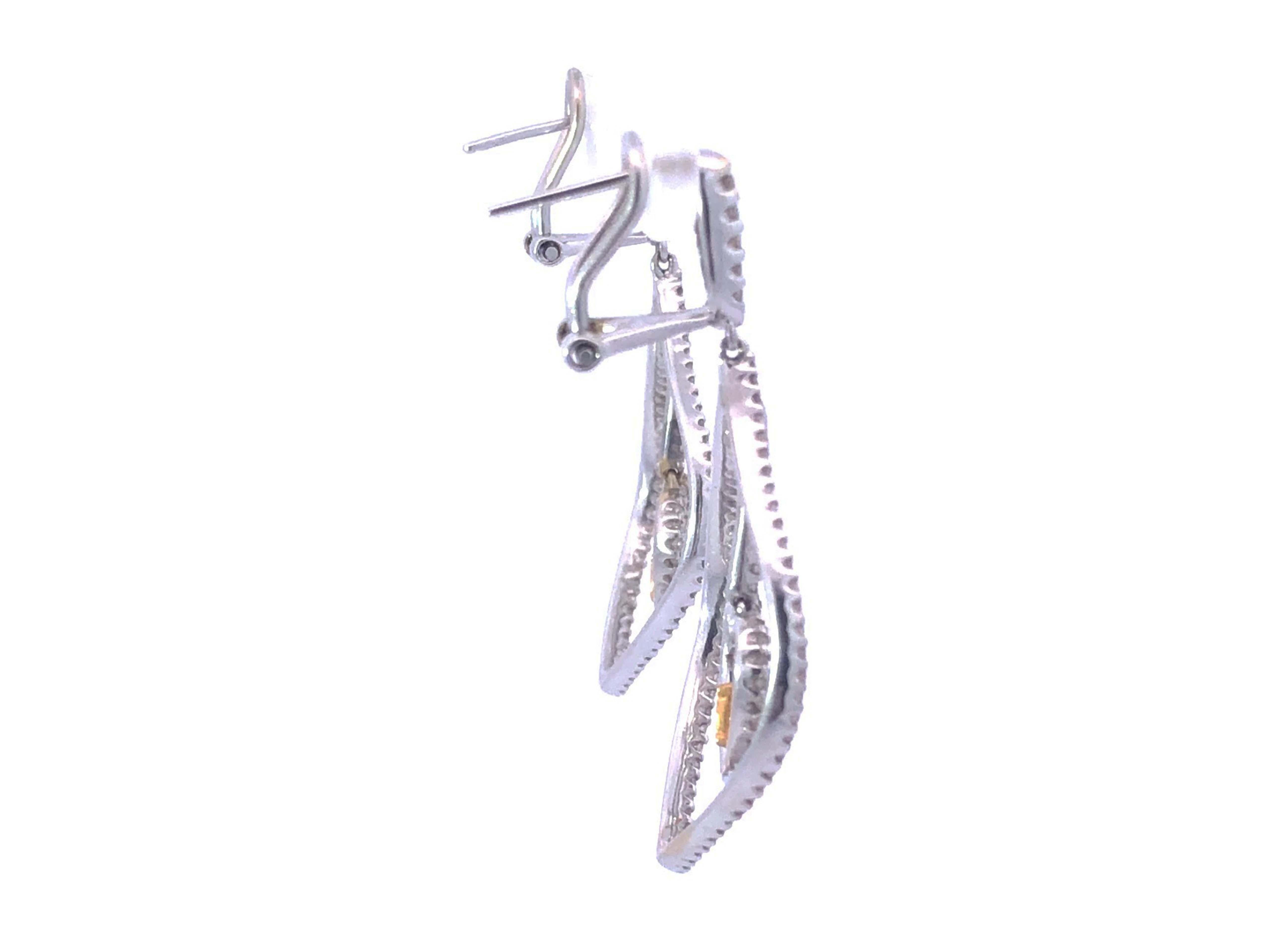 Round Cut White and Fancy Yellow Dangly Diamond Heart Earrings in 18K White Gold For Sale
