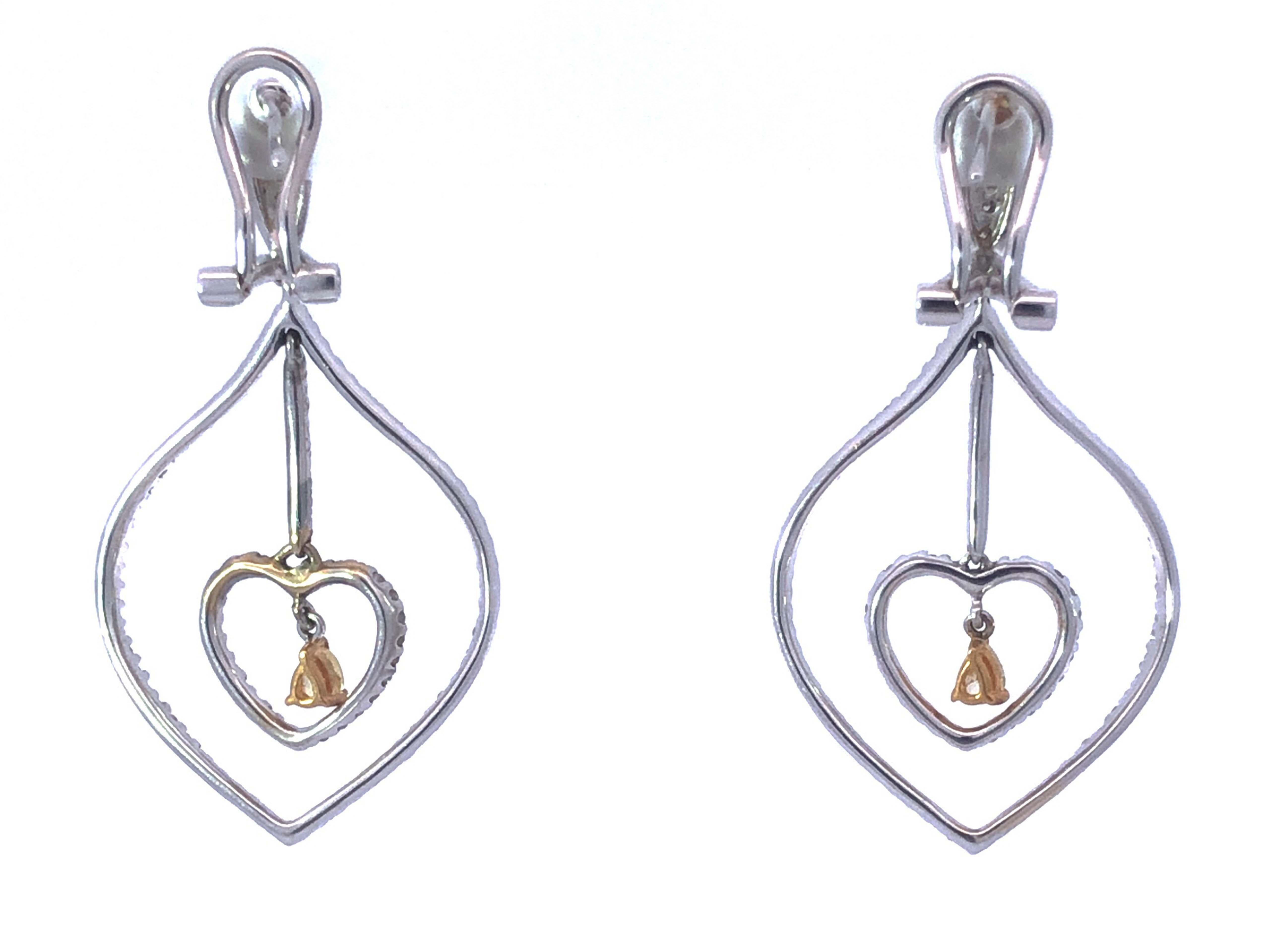Women's White and Fancy Yellow Dangly Diamond Heart Earrings in 18K White Gold For Sale