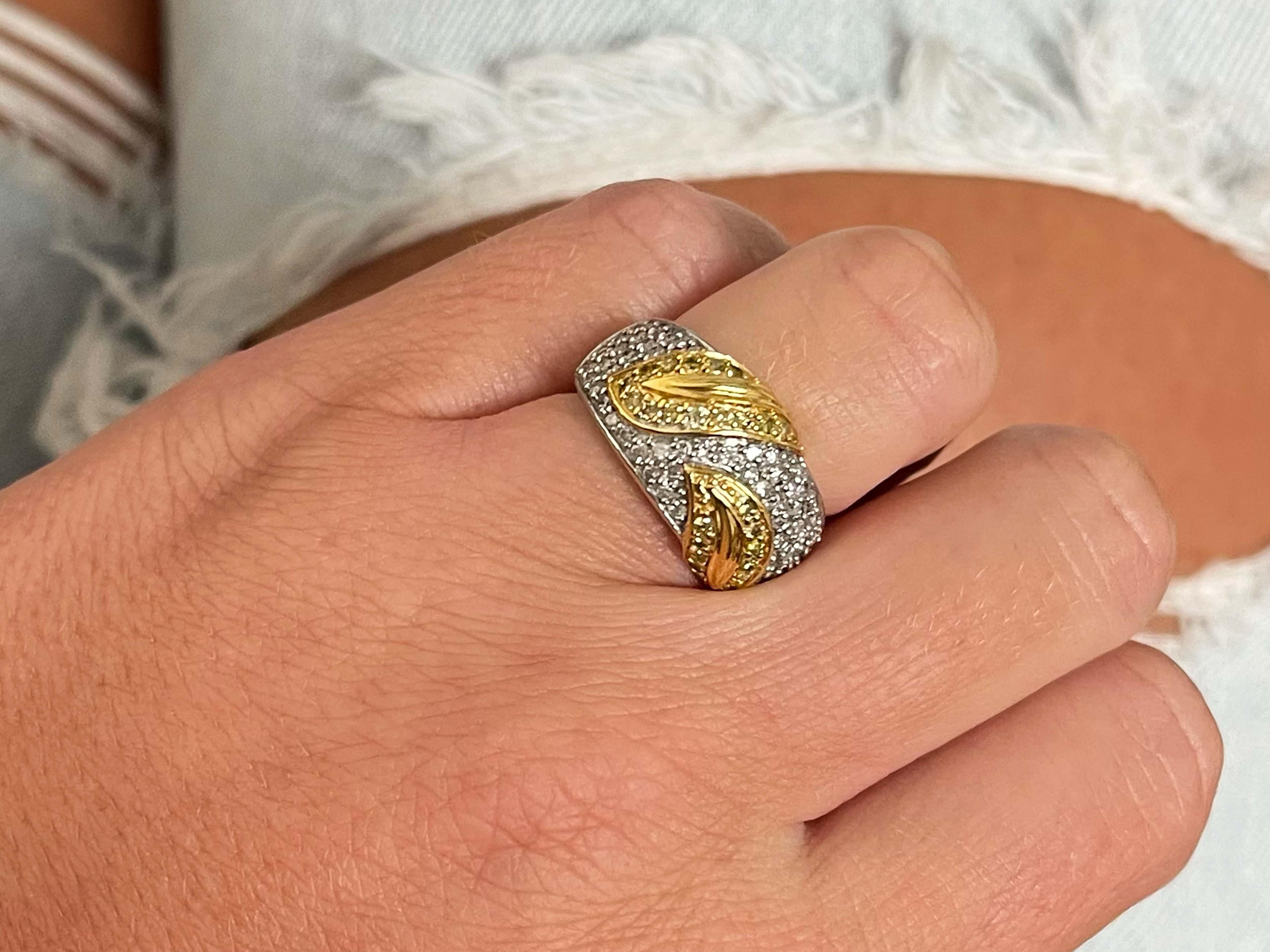 Item Specifications:

Metal: 14K White Gold

Style: Statement Ring

Ring Size: 6 (resizing available for a fee)

Total Weight: 7.80 Grams
​
​Ring Width: 11.4 mm

White Diamond Carat Weight: ~0.75 carats

Yellow Diamond Carat Weight: ~0.25