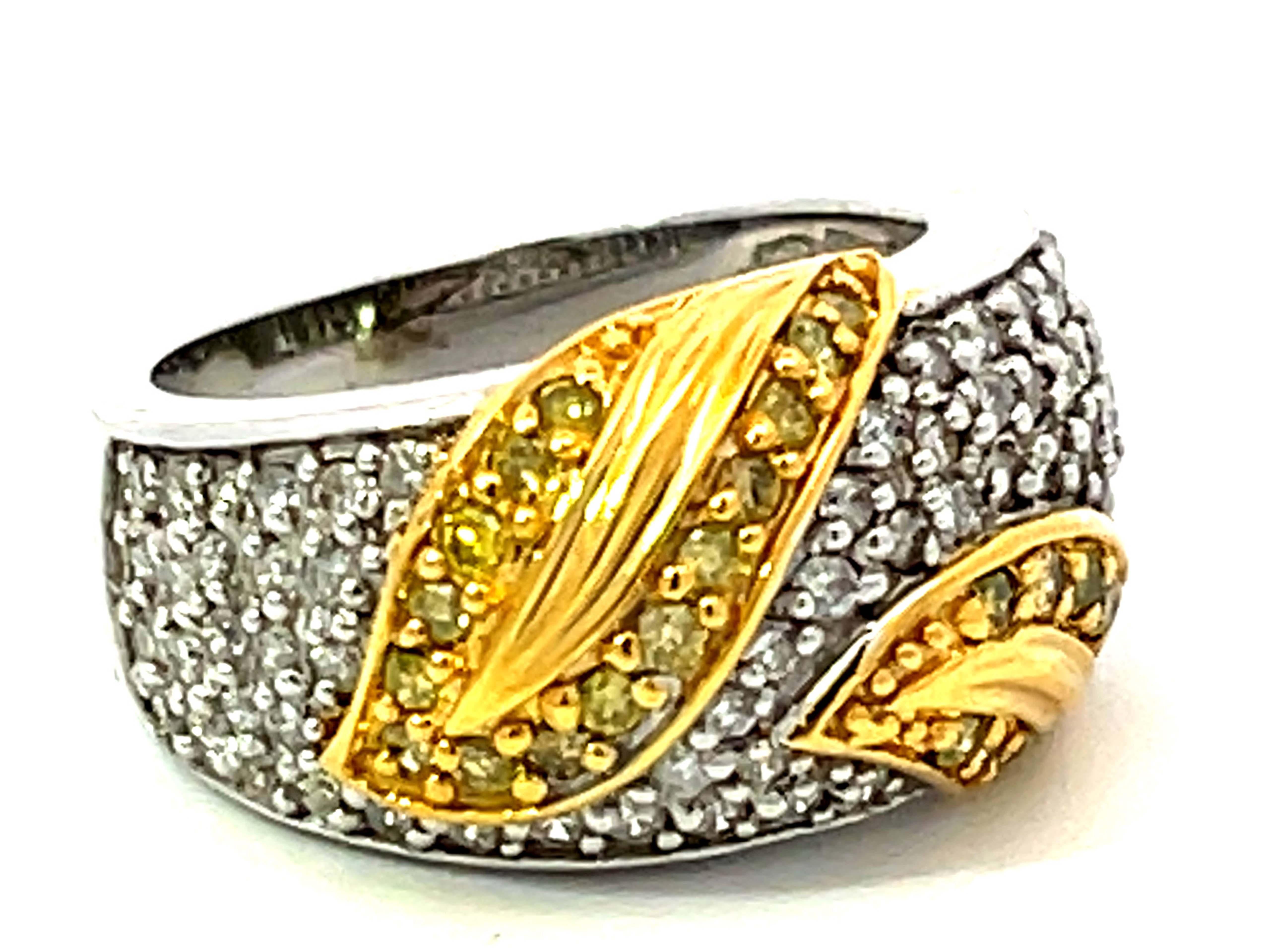 Modern White and Fancy Yellow Diamond Leaf Dome Ring in 14k White Gold For Sale