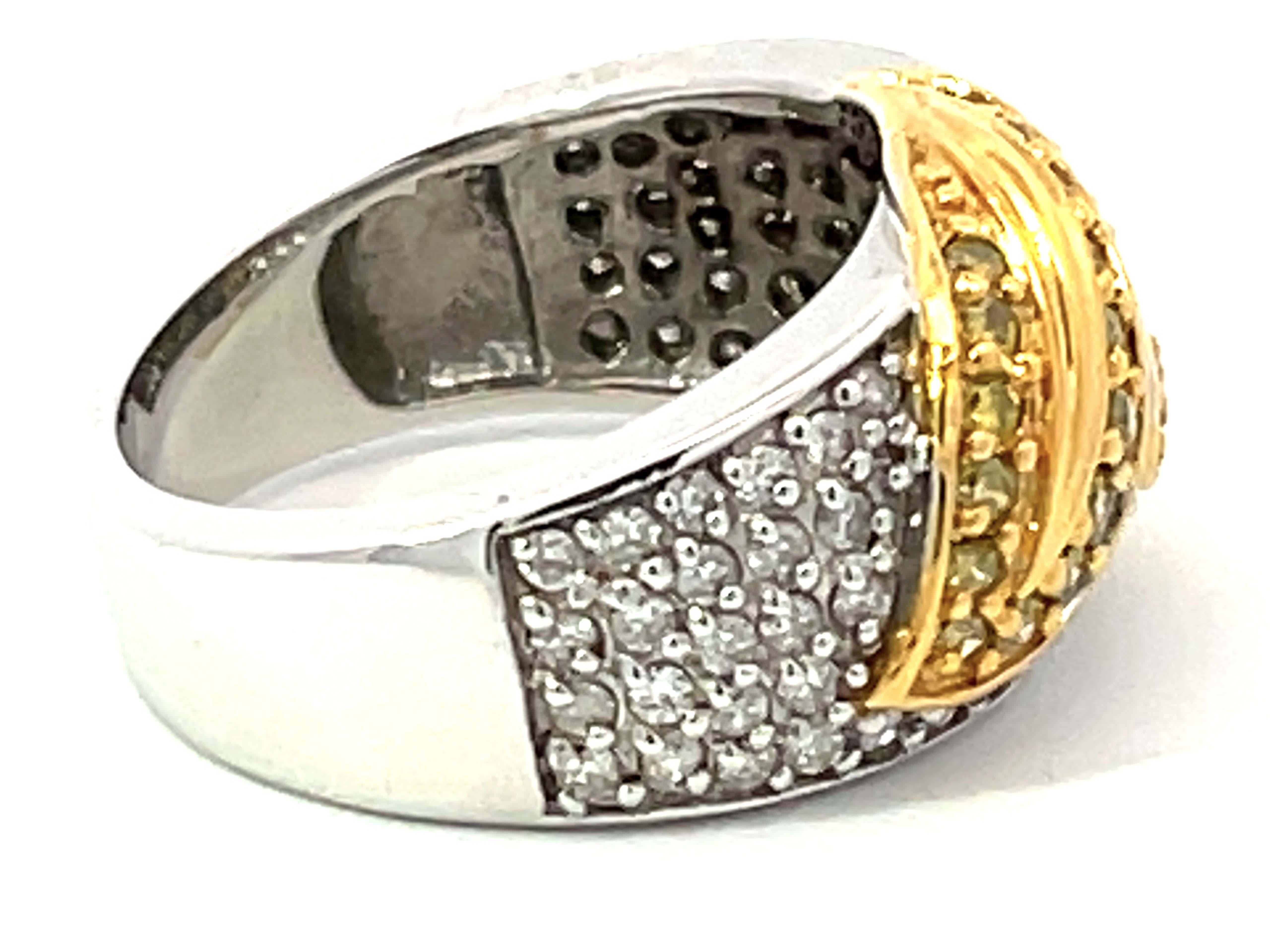 Round Cut White and Fancy Yellow Diamond Leaf Dome Ring in 14k White Gold For Sale