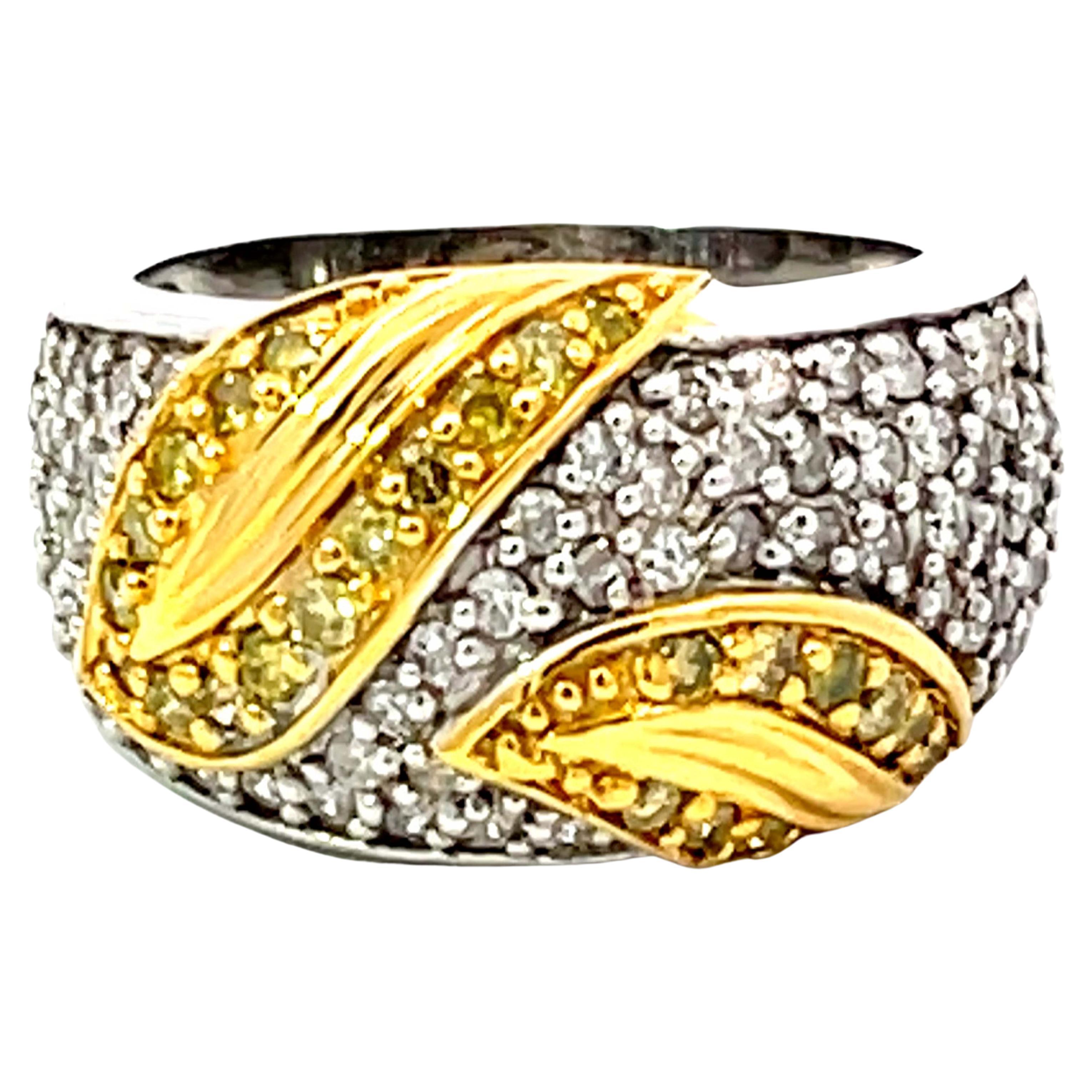 White and Fancy Yellow Diamond Leaf Dome Ring in 14k White Gold For Sale