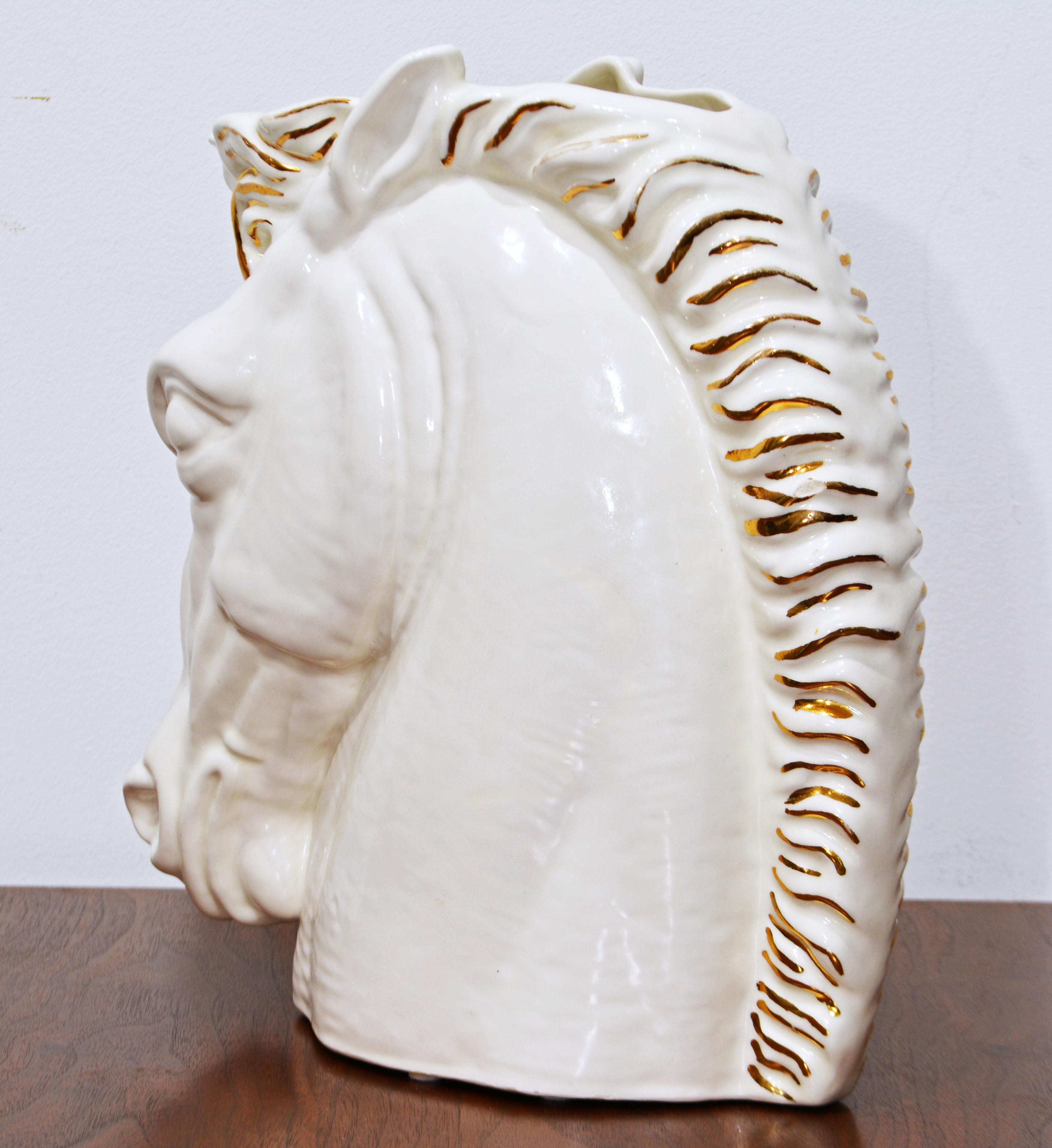 Mid-Century Modern White and Gilt Glazed Art Deco Style Horse Head Vase Signed, 1962 For Sale