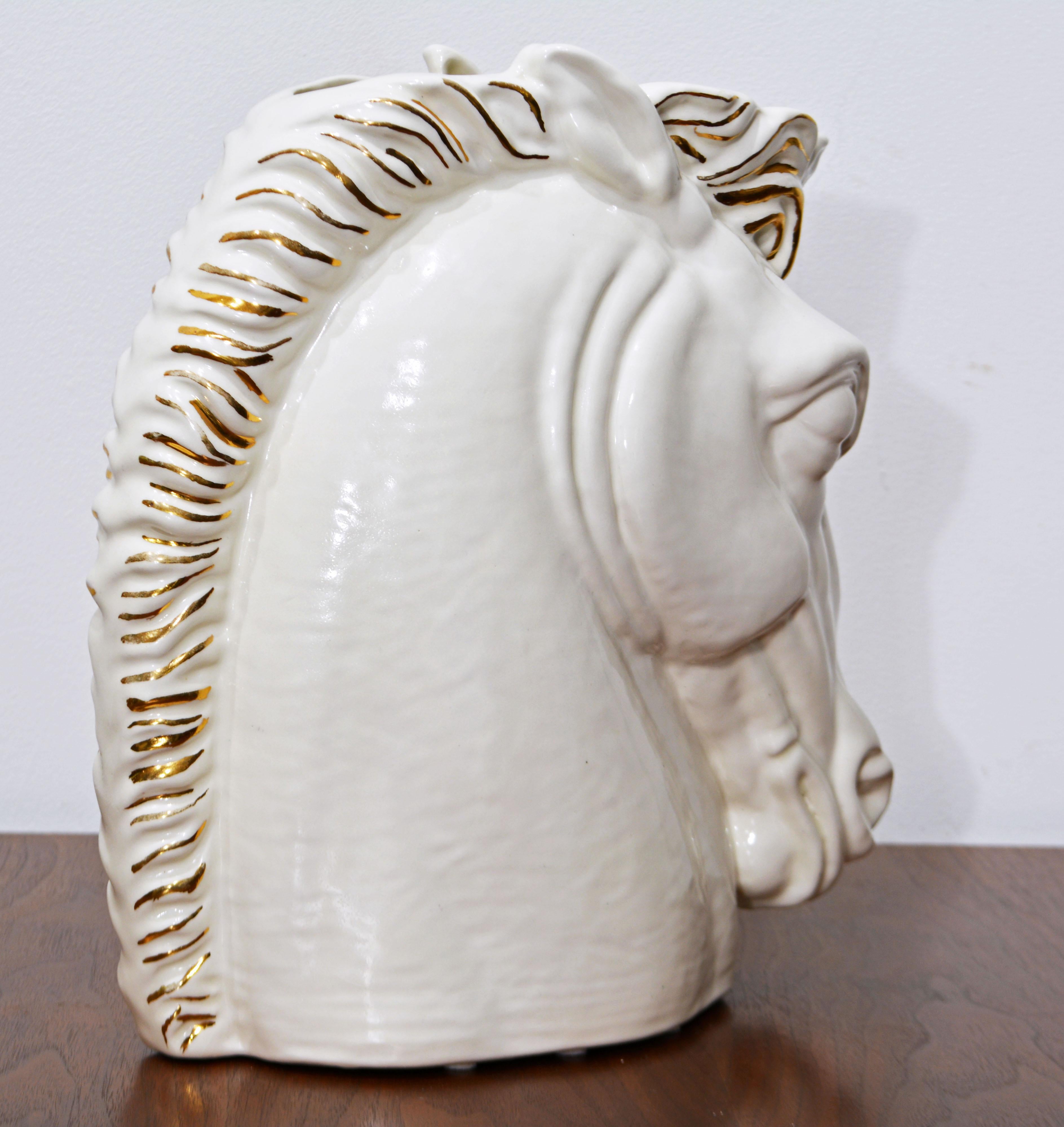 American White and Gilt Glazed Art Deco Style Horse Head Vase Signed, 1962 For Sale