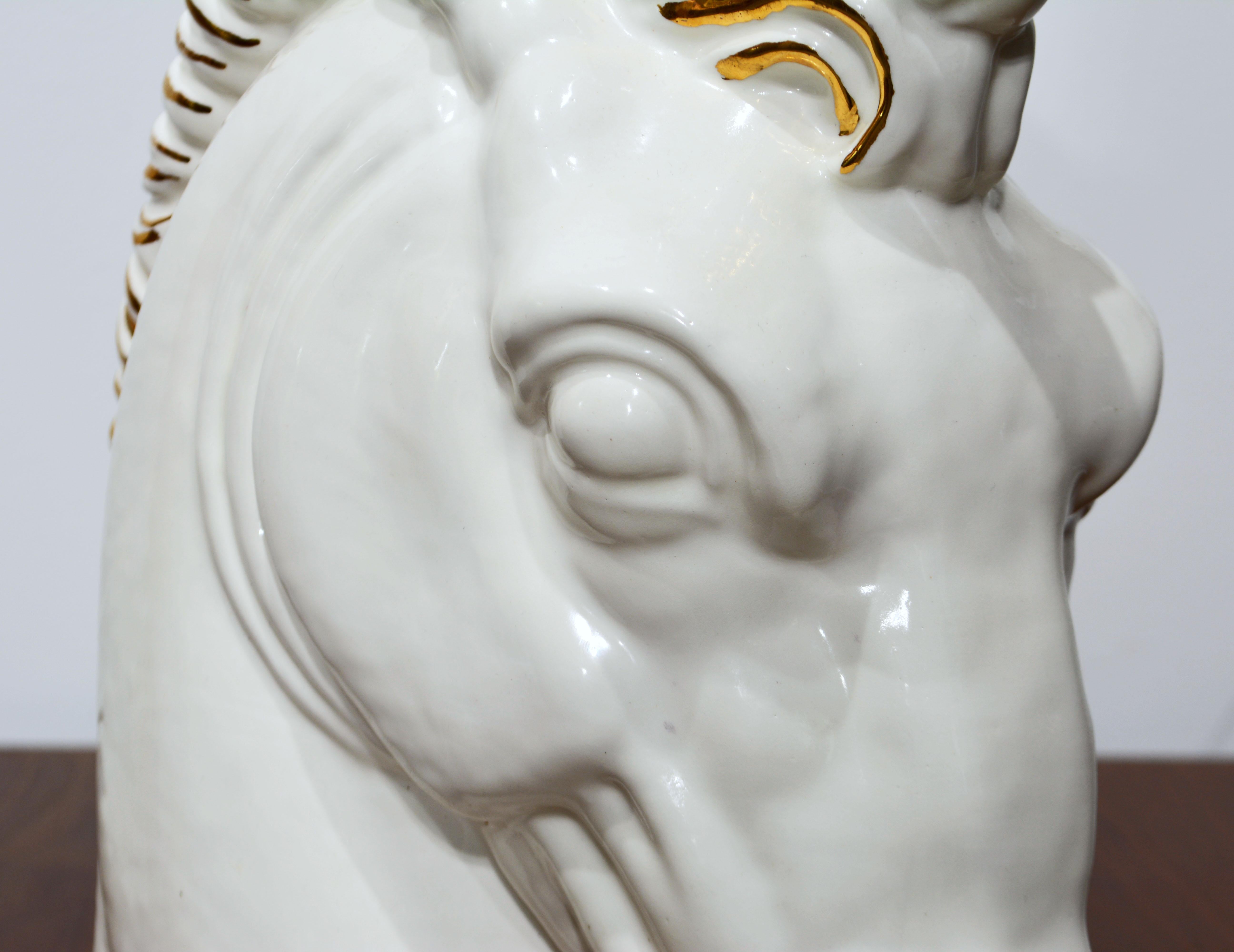 Ceramic White and Gilt Glazed Art Deco Style Horse Head Vase Signed, 1962 For Sale