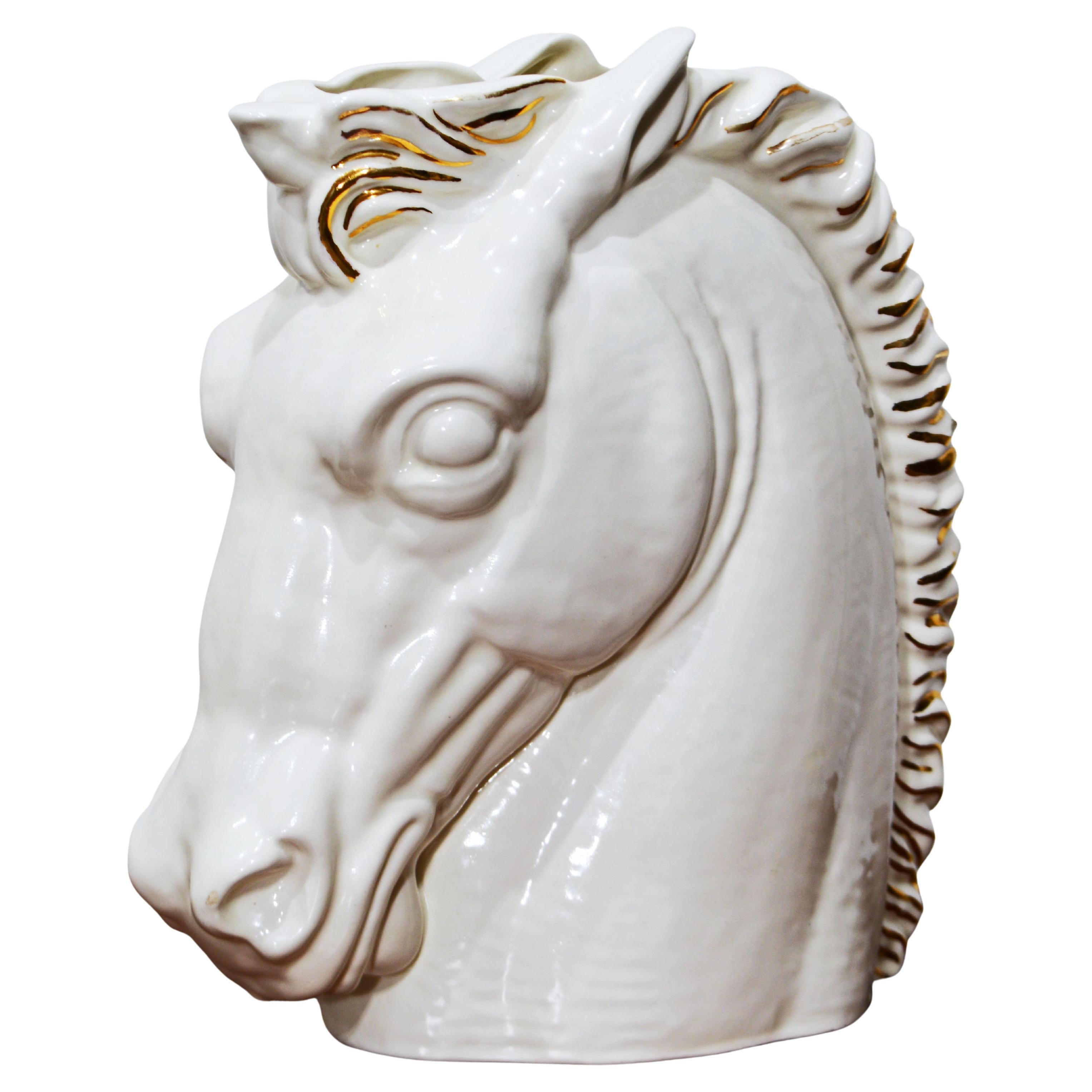 White and Gilt Glazed Art Deco Style Horse Head Vase Signed, 1962 For Sale