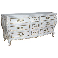 White And Gilt Paint Lacquered Louis XV Style Bombe Nine Drawer Dresser
