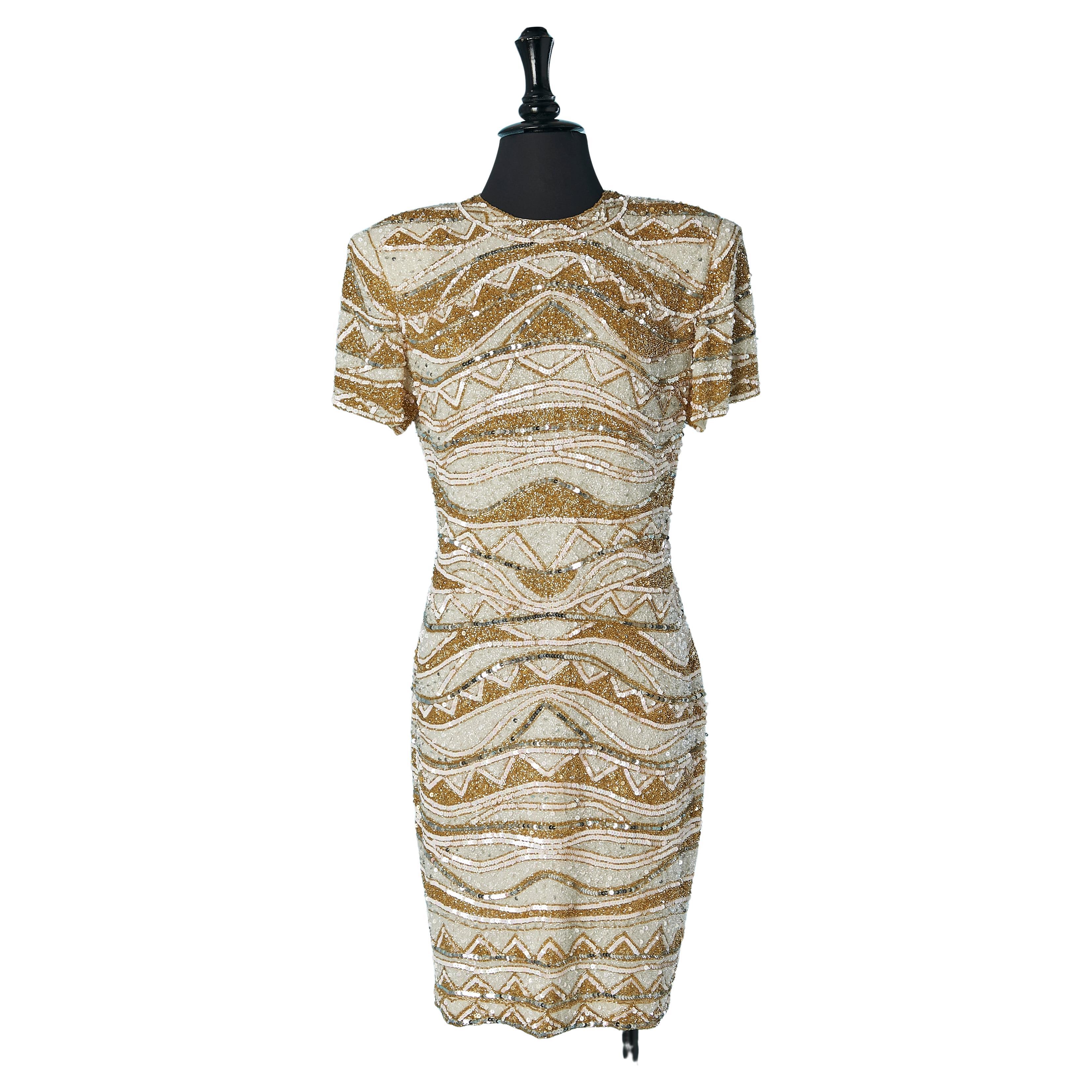 White and gold beaded cocktail dress BLACK TIE For Sale