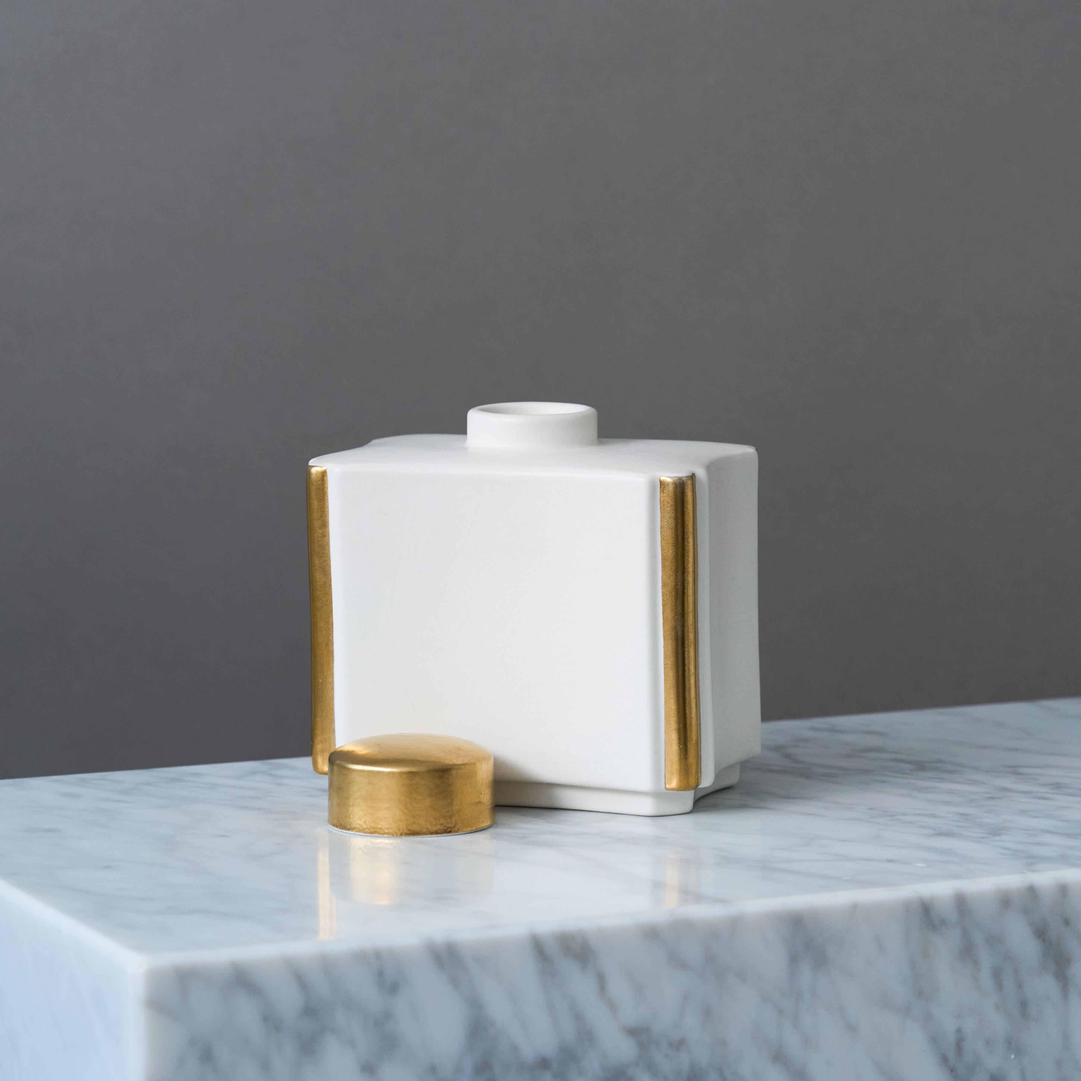 Scandinavian Modern White and Gold 'Carrara' Tea Caddy by Wilhelm Kage. Gustavsberg, Sweden, 1940s For Sale