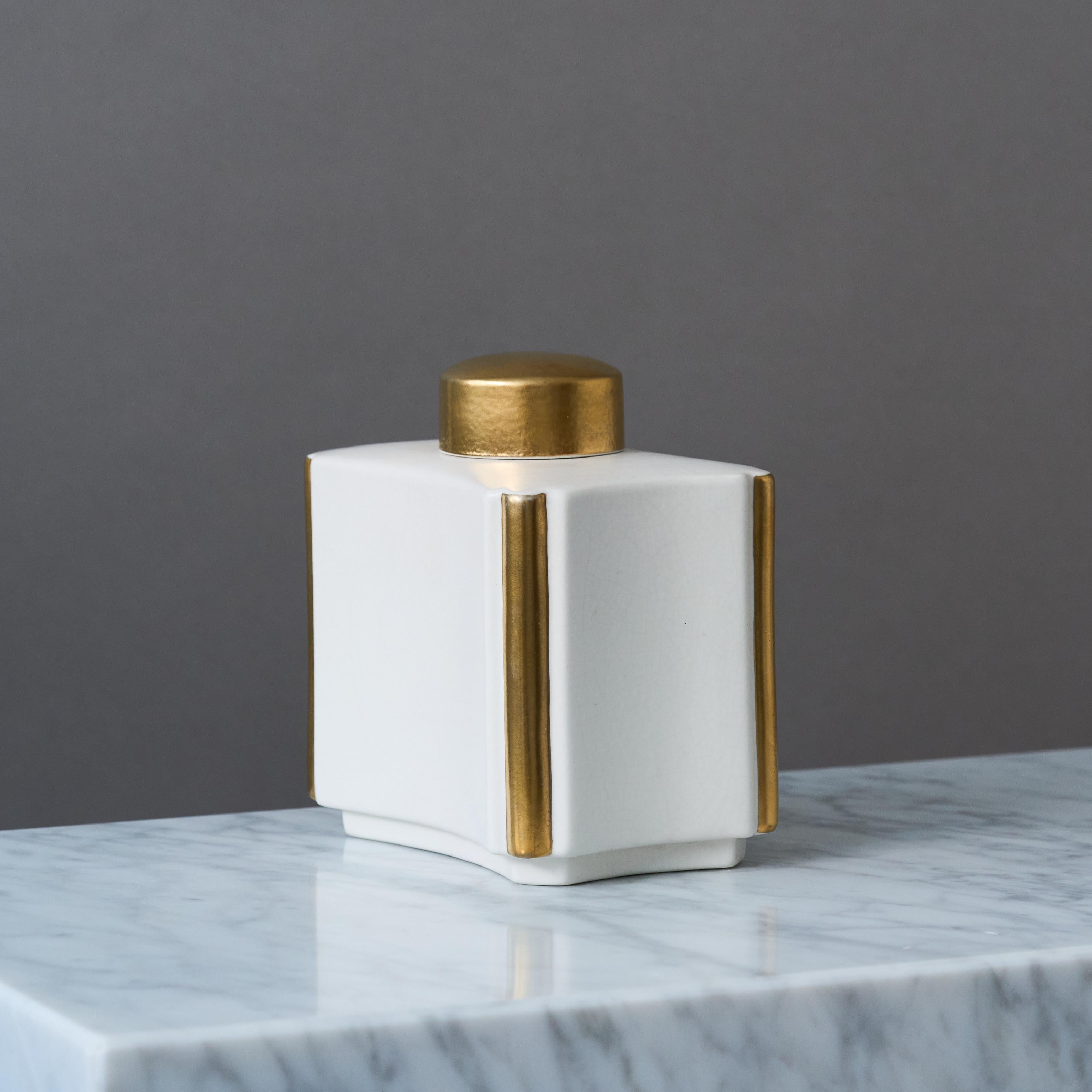 20th Century White and Gold 'Carrara' Tea Caddy by Wilhelm Kage. Gustavsberg, Sweden, 1940s For Sale