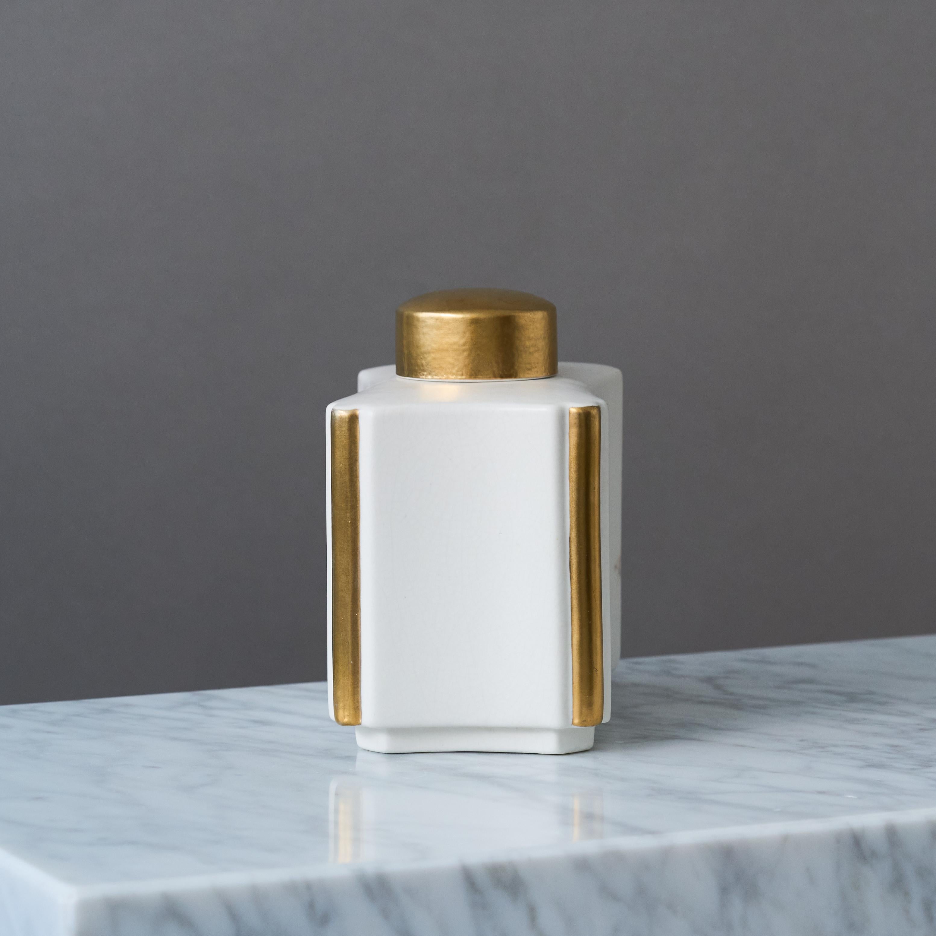 Ceramic White and Gold 'Carrara' Tea Caddy by Wilhelm Kage. Gustavsberg, Sweden, 1940s For Sale
