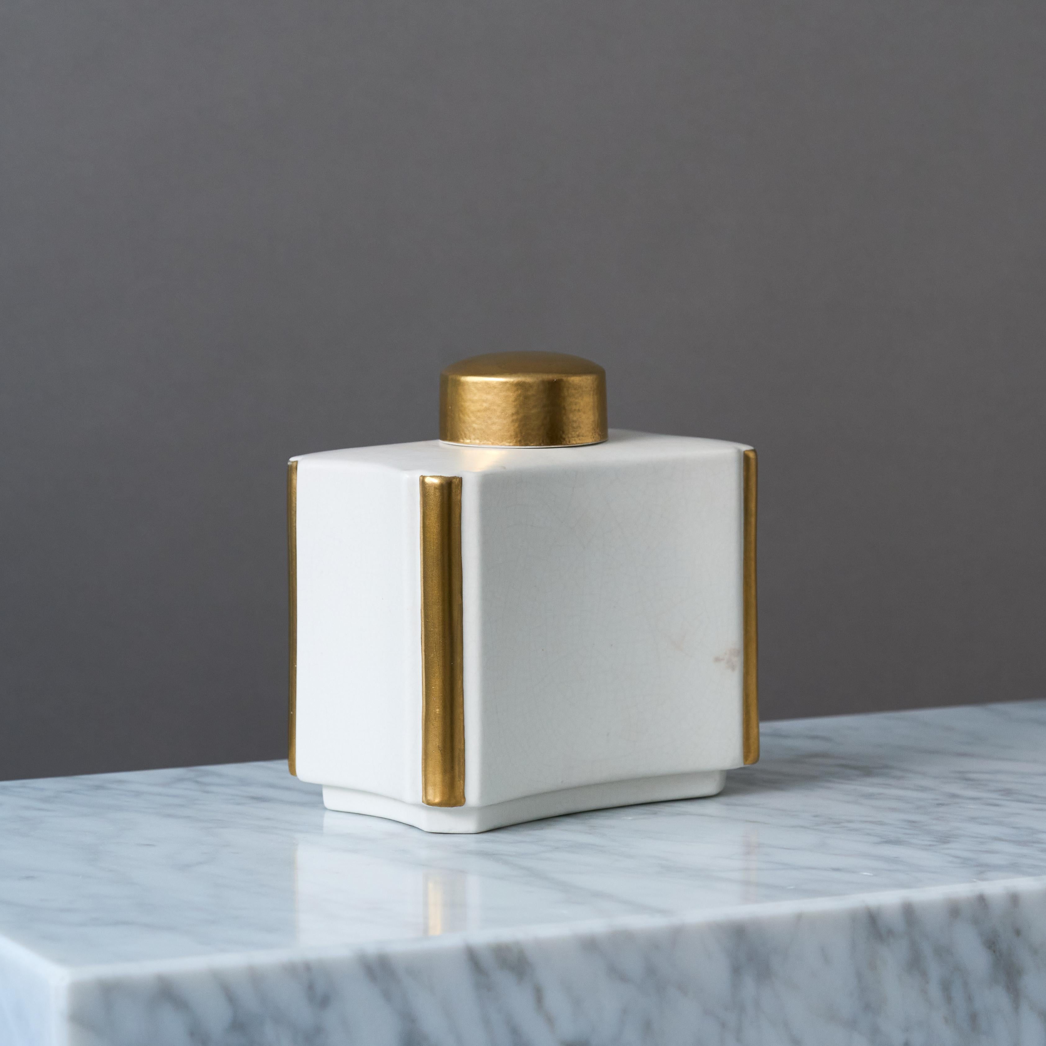 White and Gold 'Carrara' Tea Caddy by Wilhelm Kage. Gustavsberg, Sweden, 1940s For Sale 1