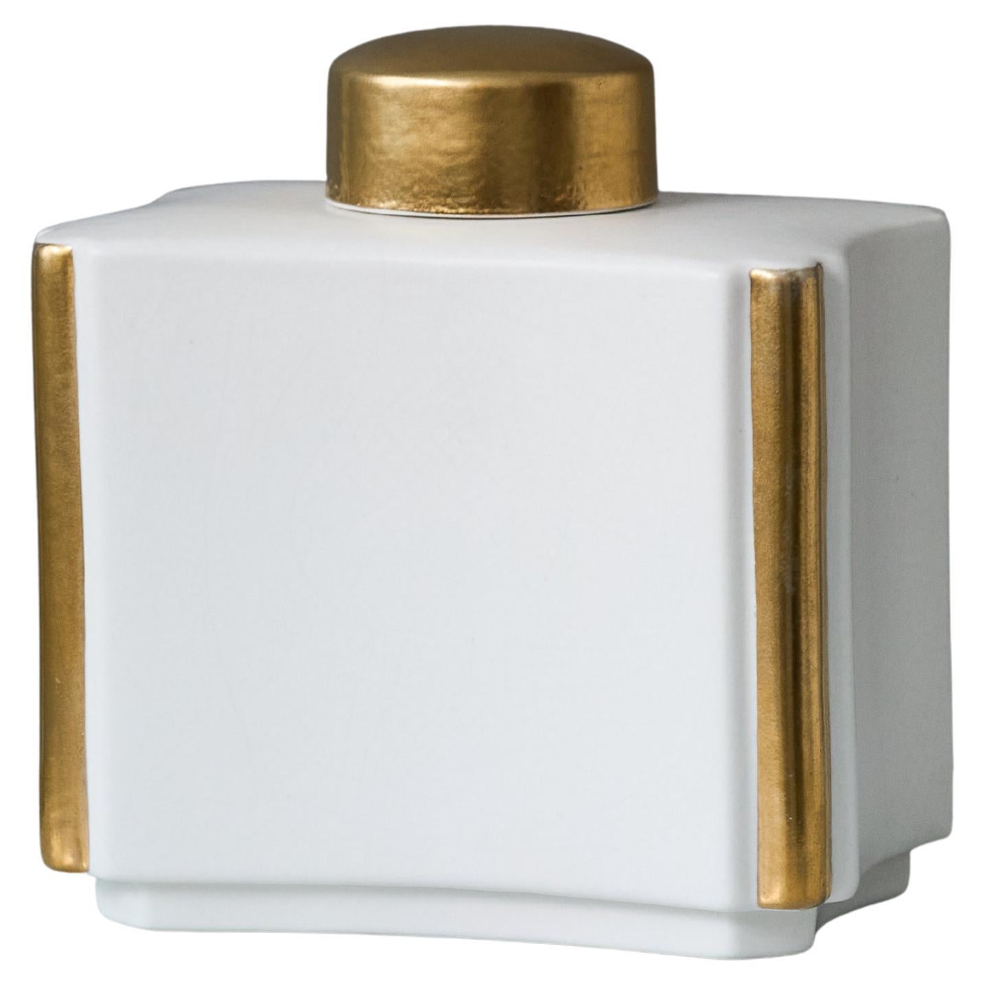 White and Gold 'Carrara' Tea Caddy by Wilhelm Kage. Gustavsberg, Sweden, 1940s For Sale