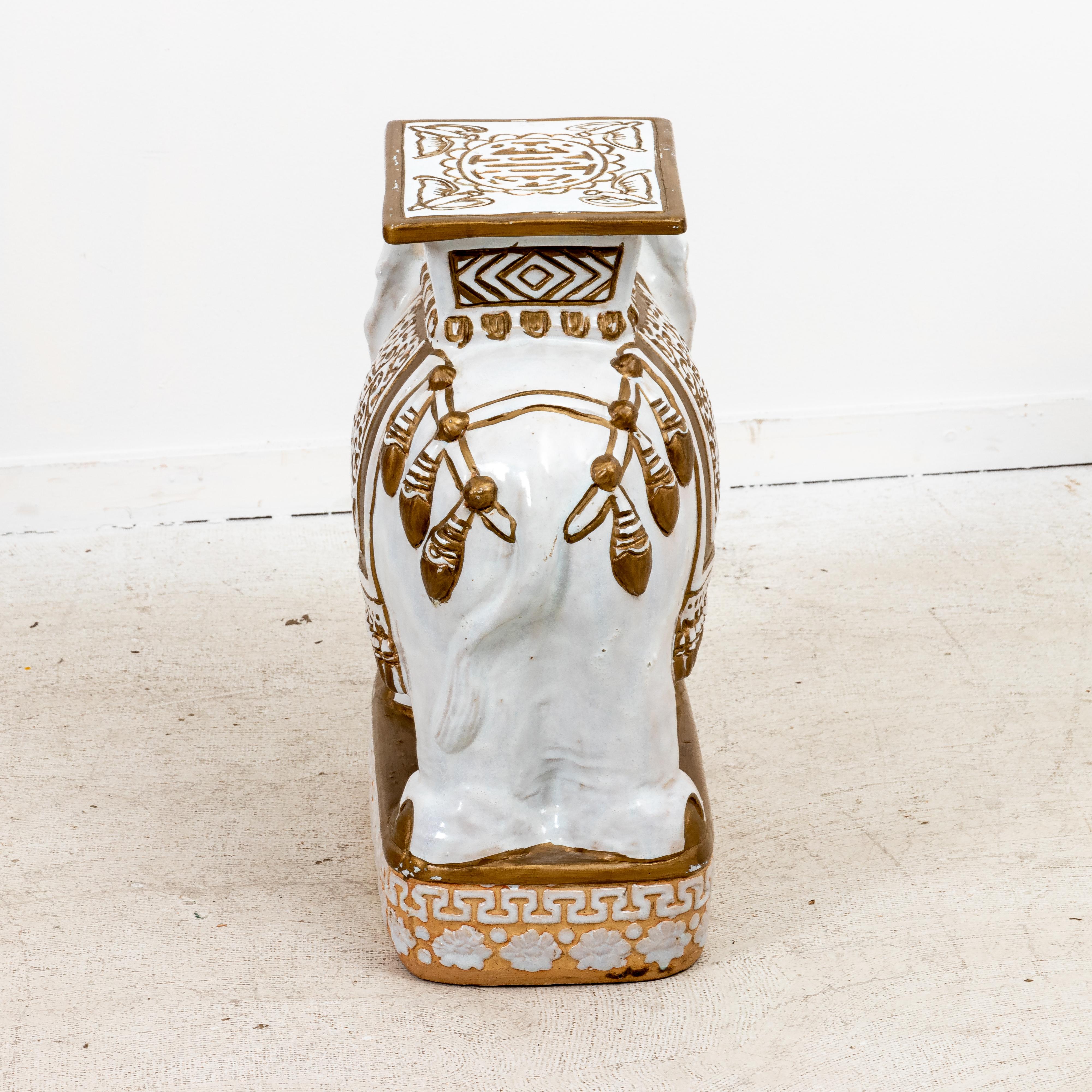 Hand-Painted White and Gold Ceramic Elephant Garden Seat