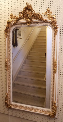 White And Gold French Louis XV Cherub Figural Beveled Wall Mirror