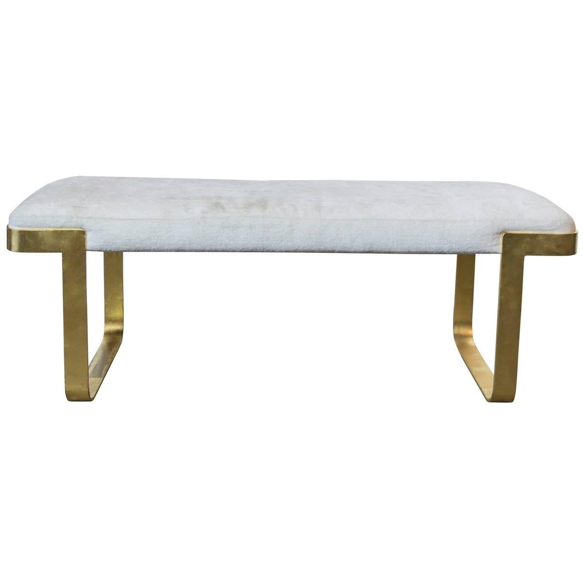 White and Gold Gilt Metal Bench in the Style of Milo Baughman For Sale