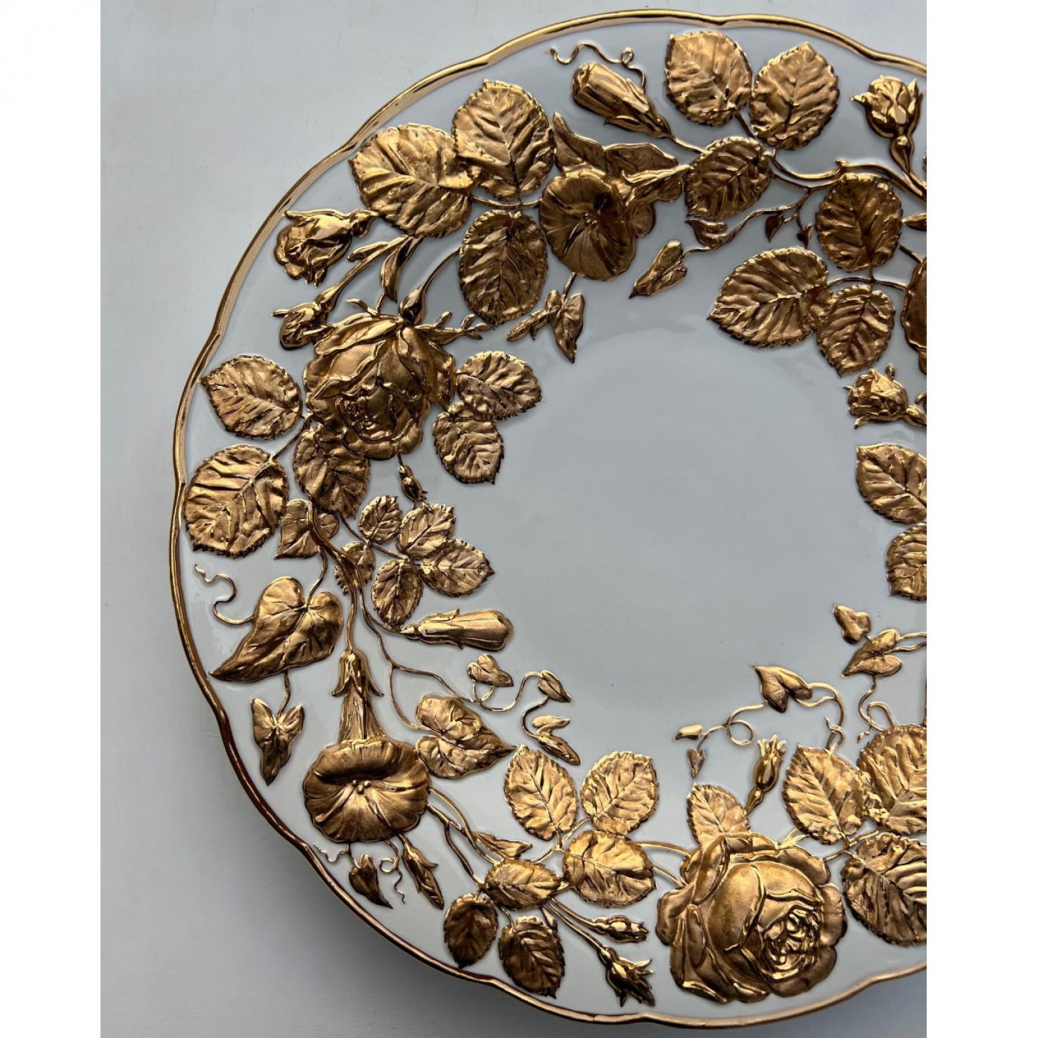 Mid-Century Modern White and Gold Gilted Porcelain Plate by Meissen, Germany, 1950s