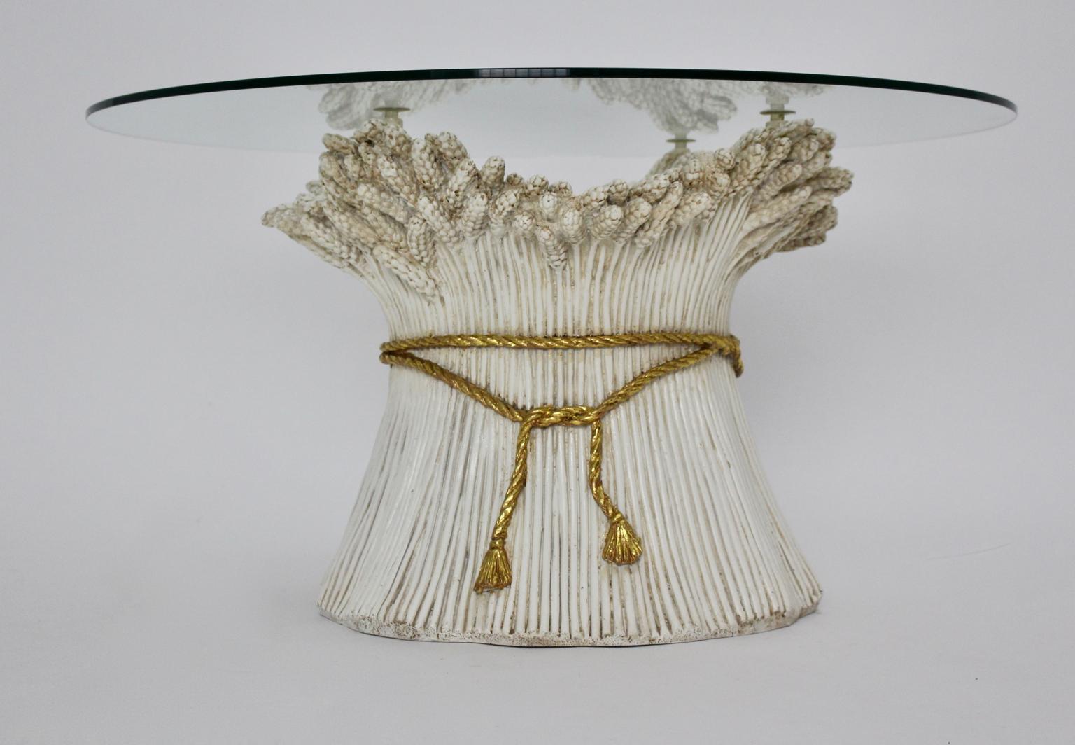 White and Gold Vintage Hollywood Regency Sheaf of Wheat Coffee Table 1970s Italy For Sale 8