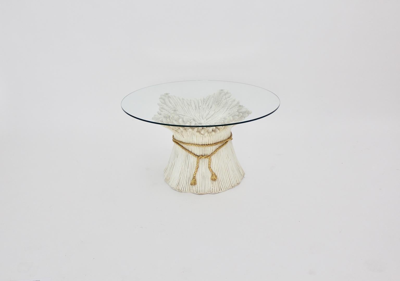 Late 20th Century White and Gold Vintage Hollywood Regency Sheaf of Wheat Coffee Table 1970s Italy For Sale