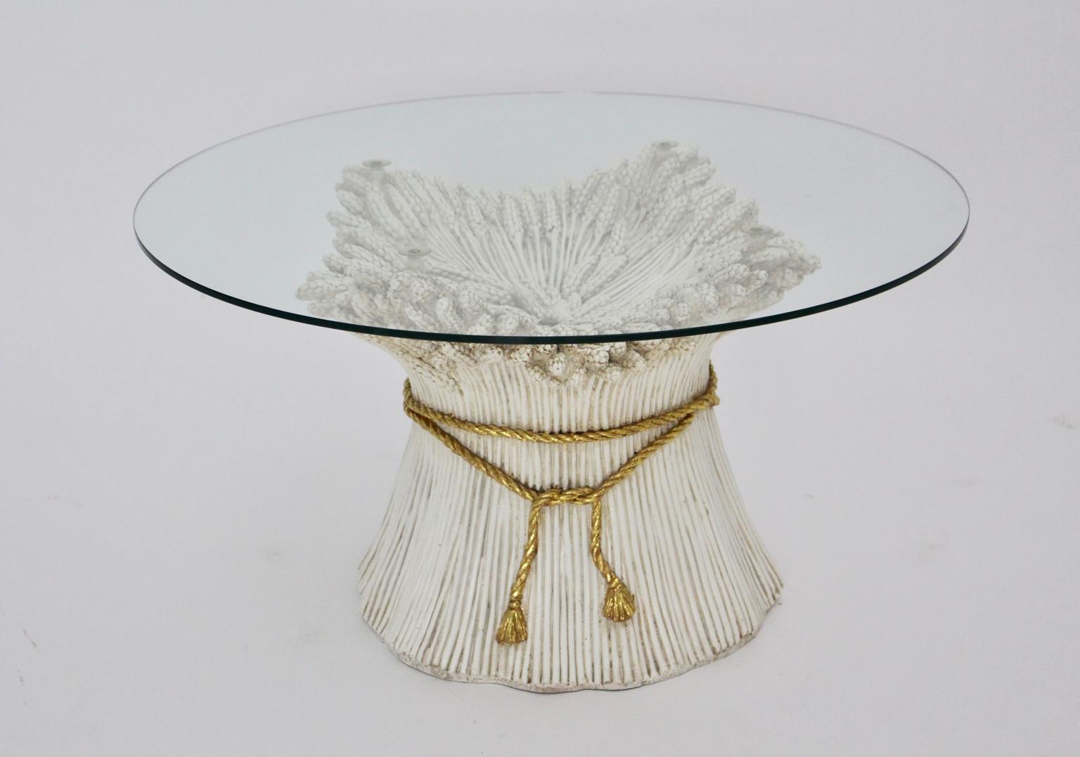 Ceramic White and Gold Hollywood Regency Sheaf of Wheat Coffee Table, 1970s, Italy For Sale