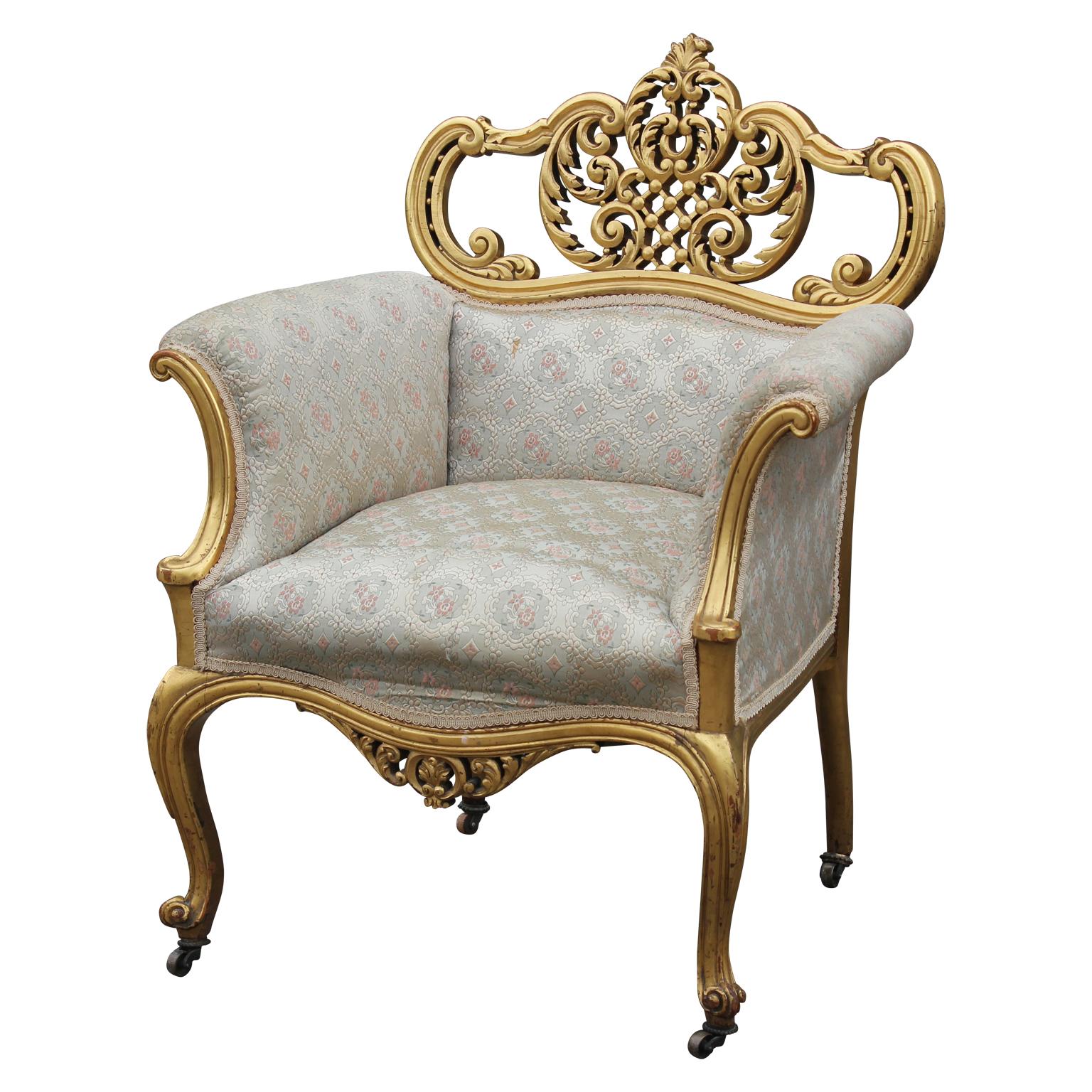 Beautiful 1970s era white and gold leaf regal Hollywood Regency boudoir chair. Perfect statement piece that adds a soft touch to any room.