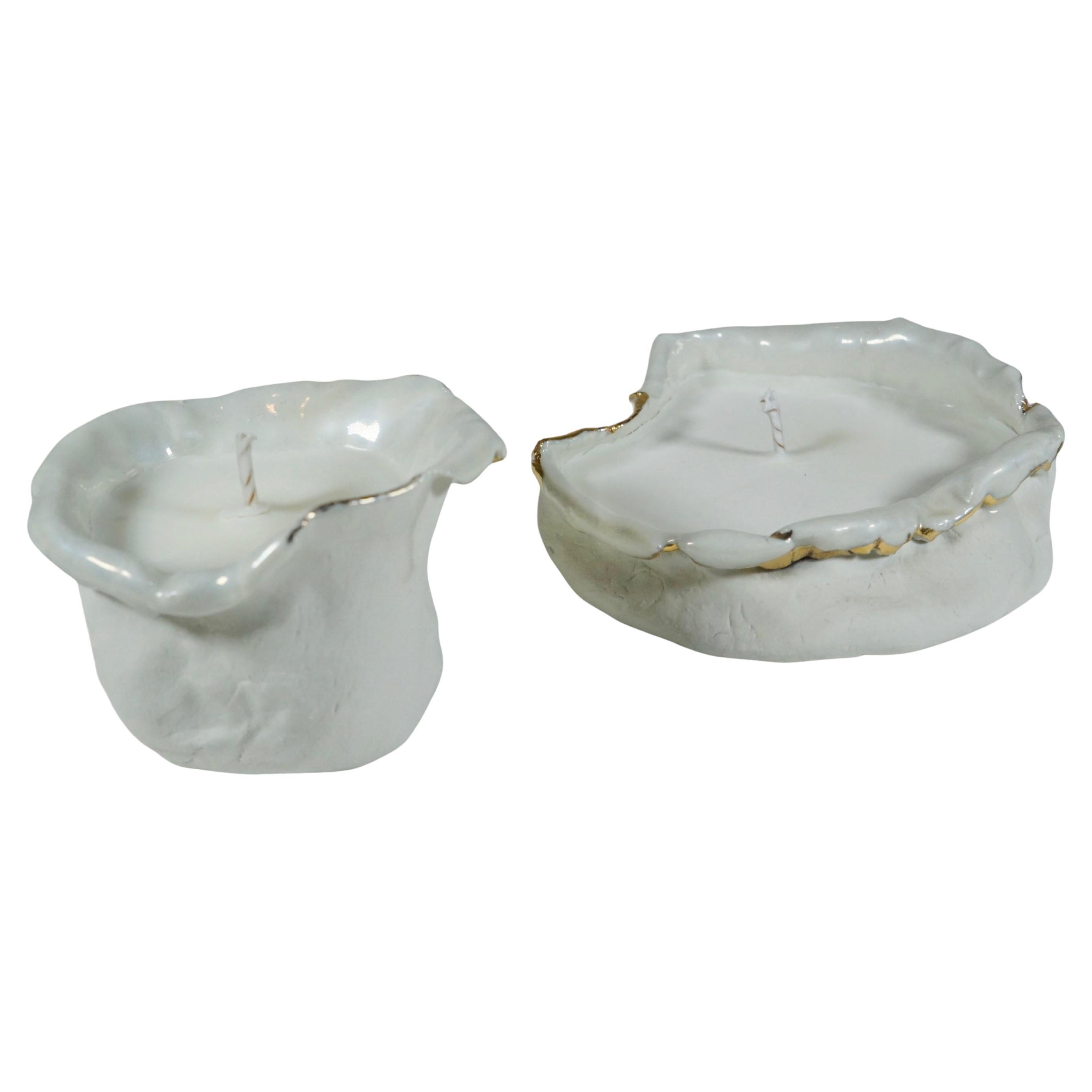 White and Gold lustred Modern Artisanal Paper Porcelain Candle Holder DUO