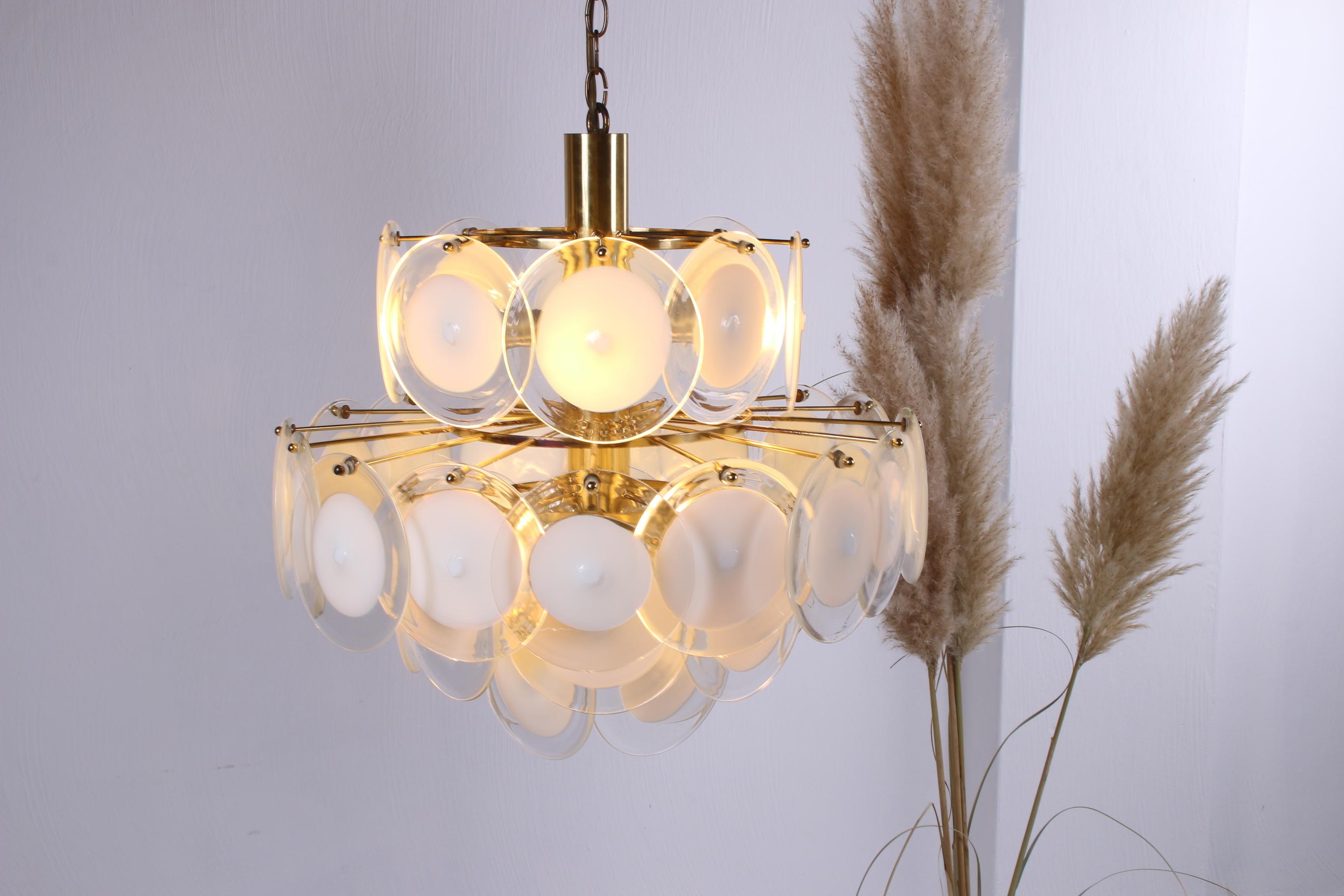 Mid-Century Modern White and Gold Murano Chandelier by AV Mazzega For Sale