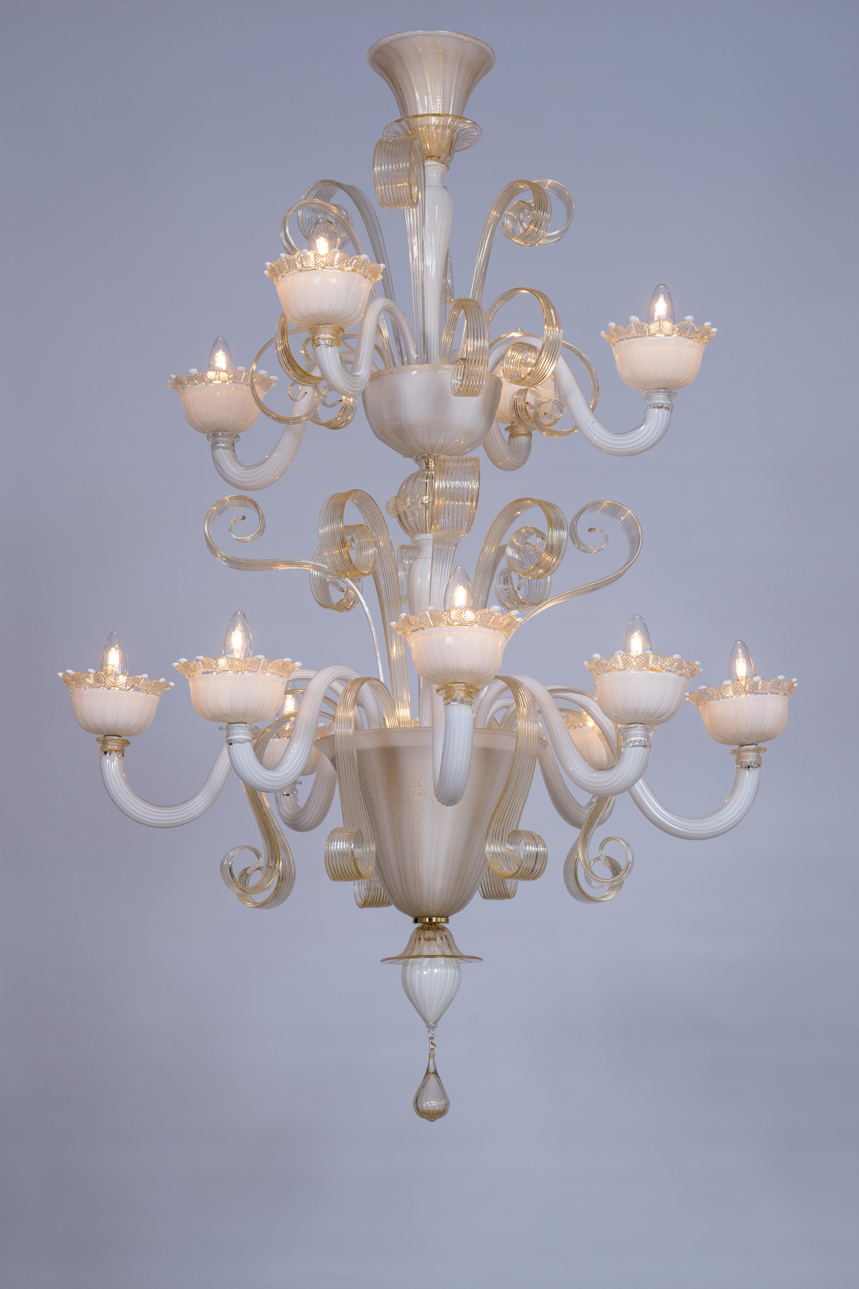Blanco y oro  Lámpara de cristal de Murano, por Giovanni Dalla fina Años 90 en venta 11