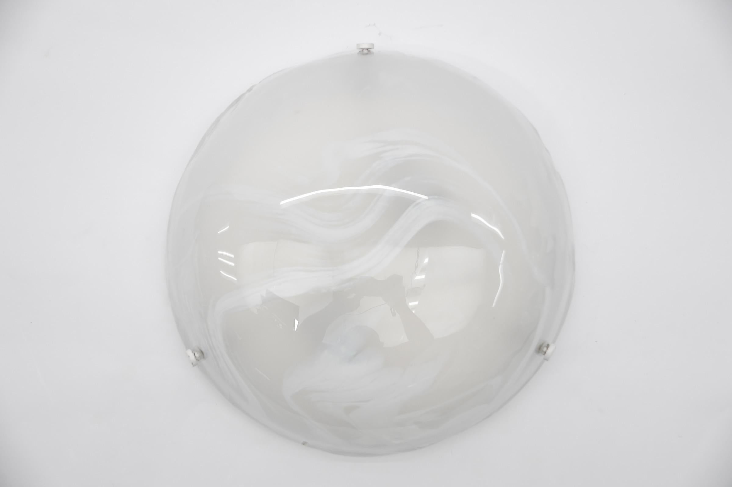 White Murano Glass Flush Mount Light by Hillebrand, Germany 1960s,

Dimensions
Height: 4.33 in. (11 cm)
Diameter: 13.77 in. (35 cm)

The fixture need 2 x E27 standard bulb with 60W max.

Light bulbs are not included.
It is possible to install this