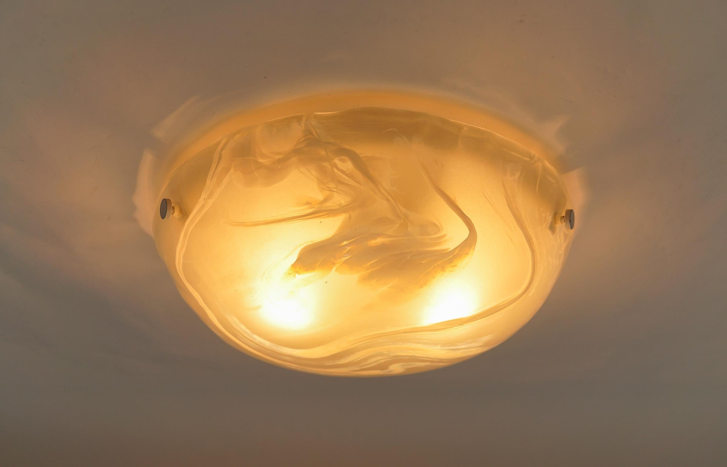 Mid-20th Century White and Gold Murano Glass Flush Mount Light by Hillebrand, Germany 1960s For Sale