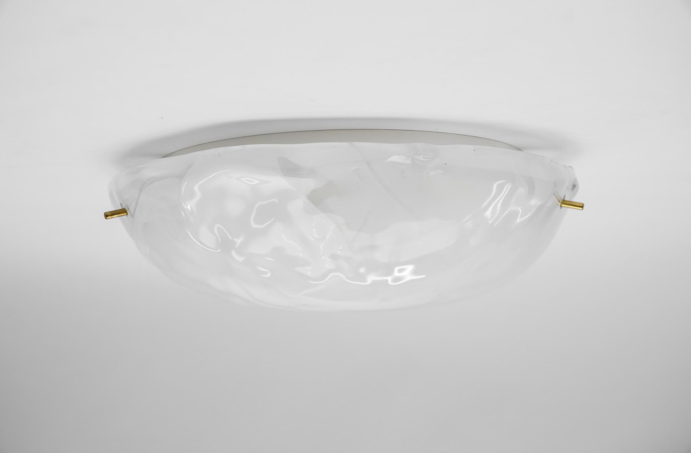 Mid-20th Century White and Gold Murano Glass Flush Mount Light by Hillebrand, Germany 1960s For Sale